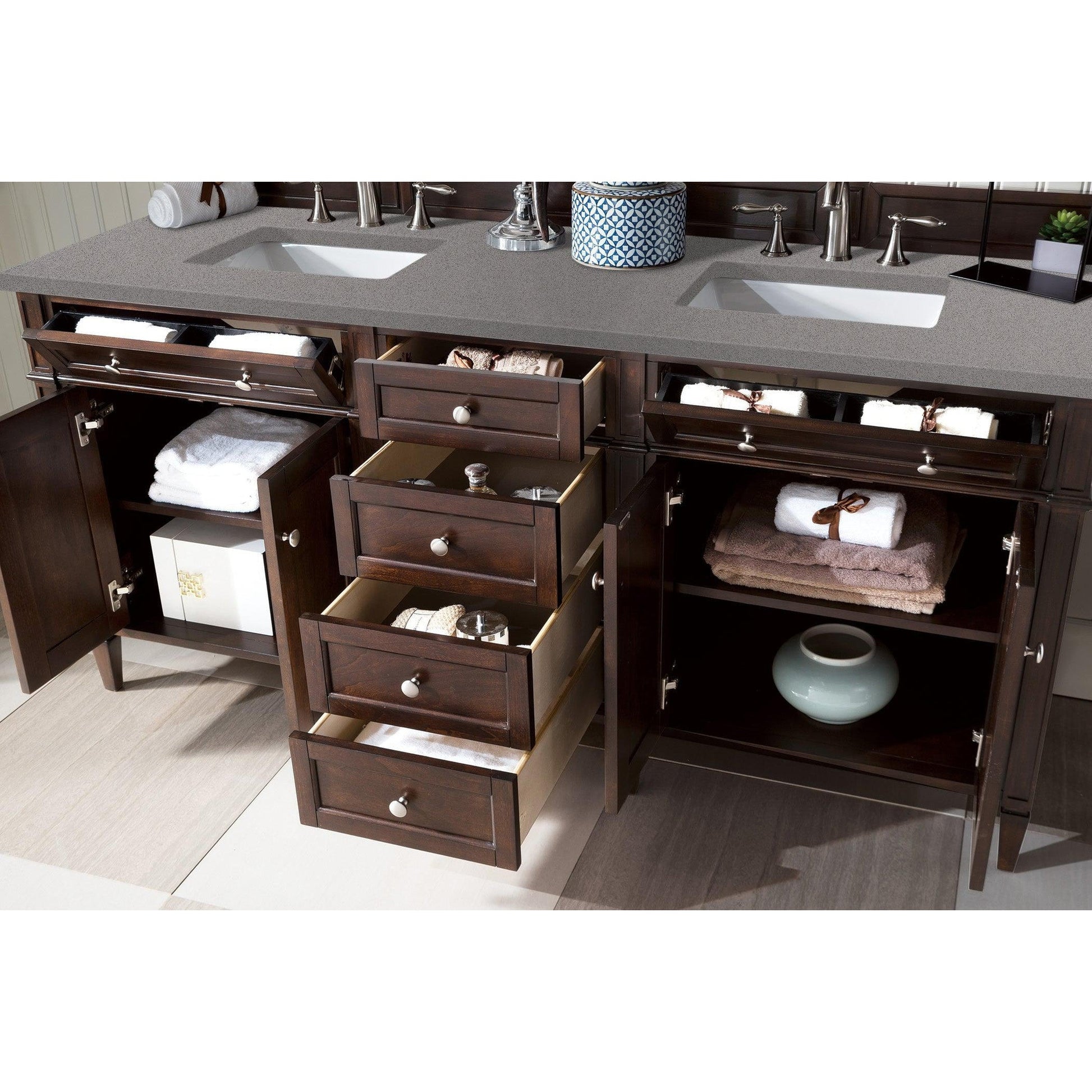 James Martin Vanities Brittany 72" Burnished Mahogany Double Vanity With 3cm Grey Expo Quartz Top