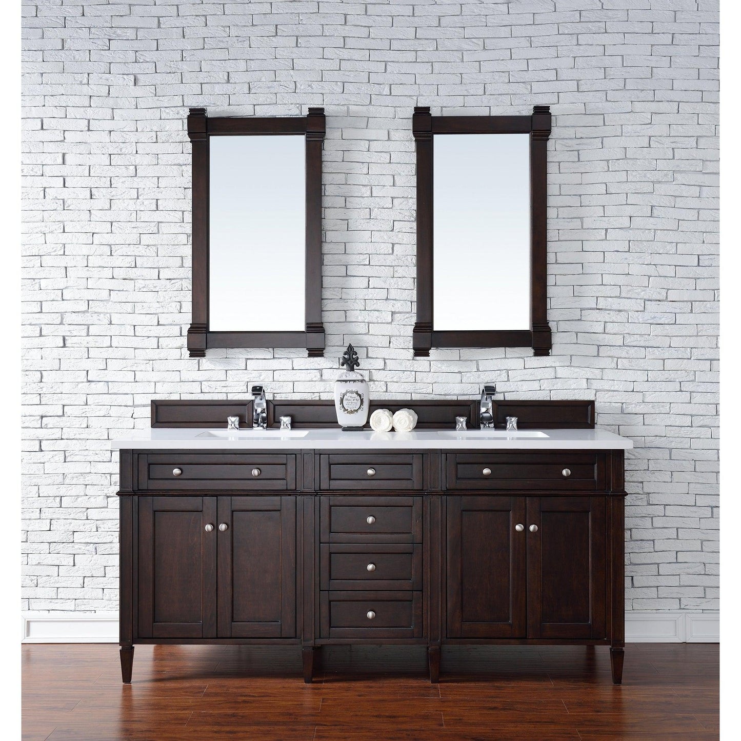 James Martin Vanities Brittany 72" Burnished Mahogany Double Vanity With 3cm White Zeus Quartz Top