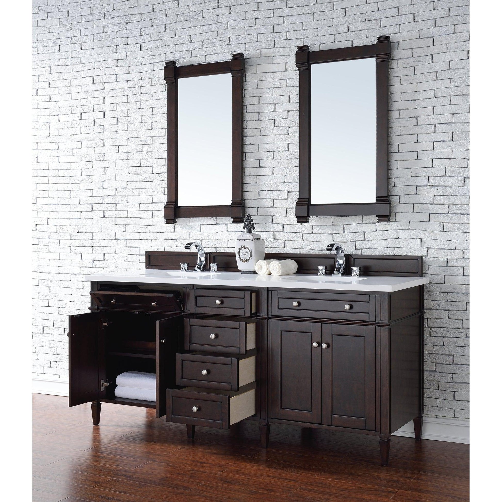 James Martin Vanities Brittany 72" Burnished Mahogany Double Vanity With 3cm White Zeus Quartz Top