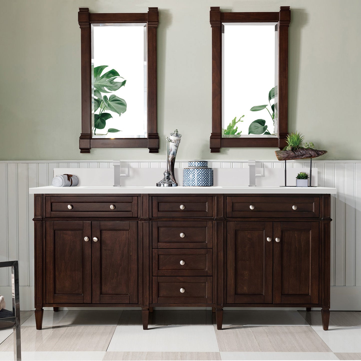 James Martin Vanities Brittany 72" Burnished Mahogany Double Vanity With Single Hole 3 cm White Zeus Quartz Top & Backsplash