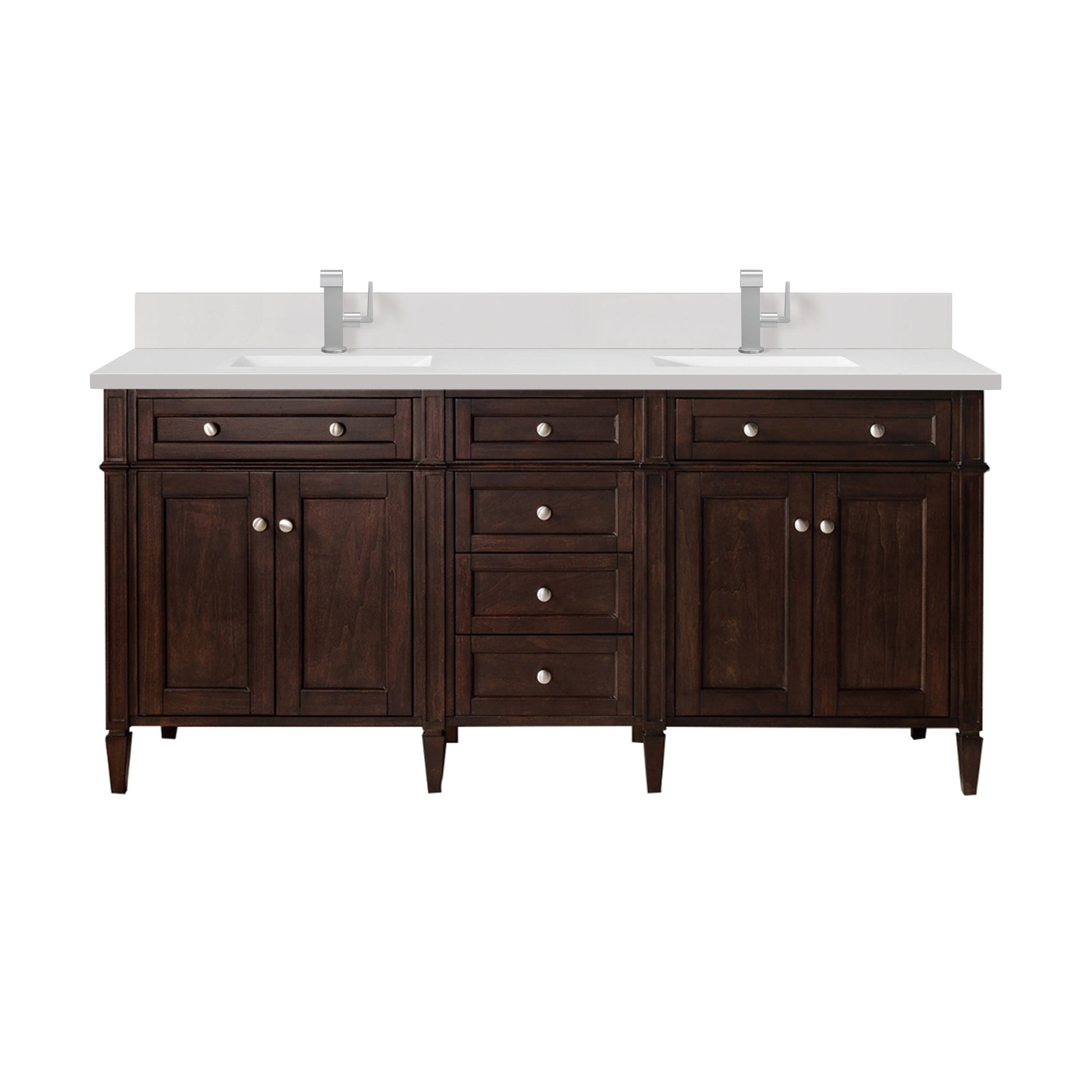 James Martin Vanities Brittany 72" Burnished Mahogany Double Vanity With Single Hole 3 cm White Zeus Quartz Top & Backsplash