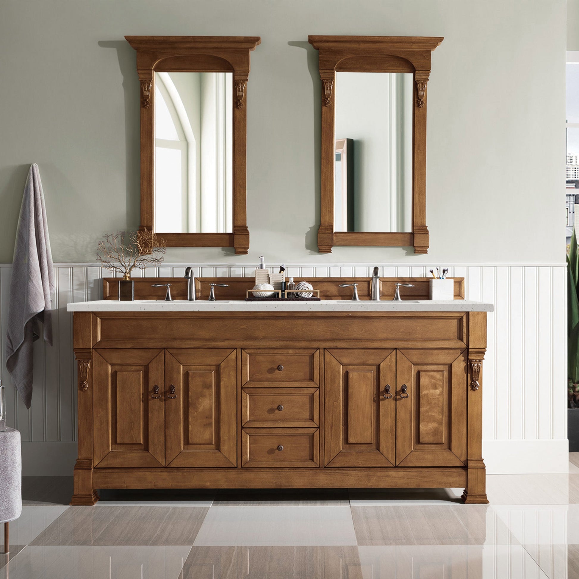 James Martin Vanities Brittany 72" Country Oak Double Vanity With 3 cm Lime Delight Quartz Top