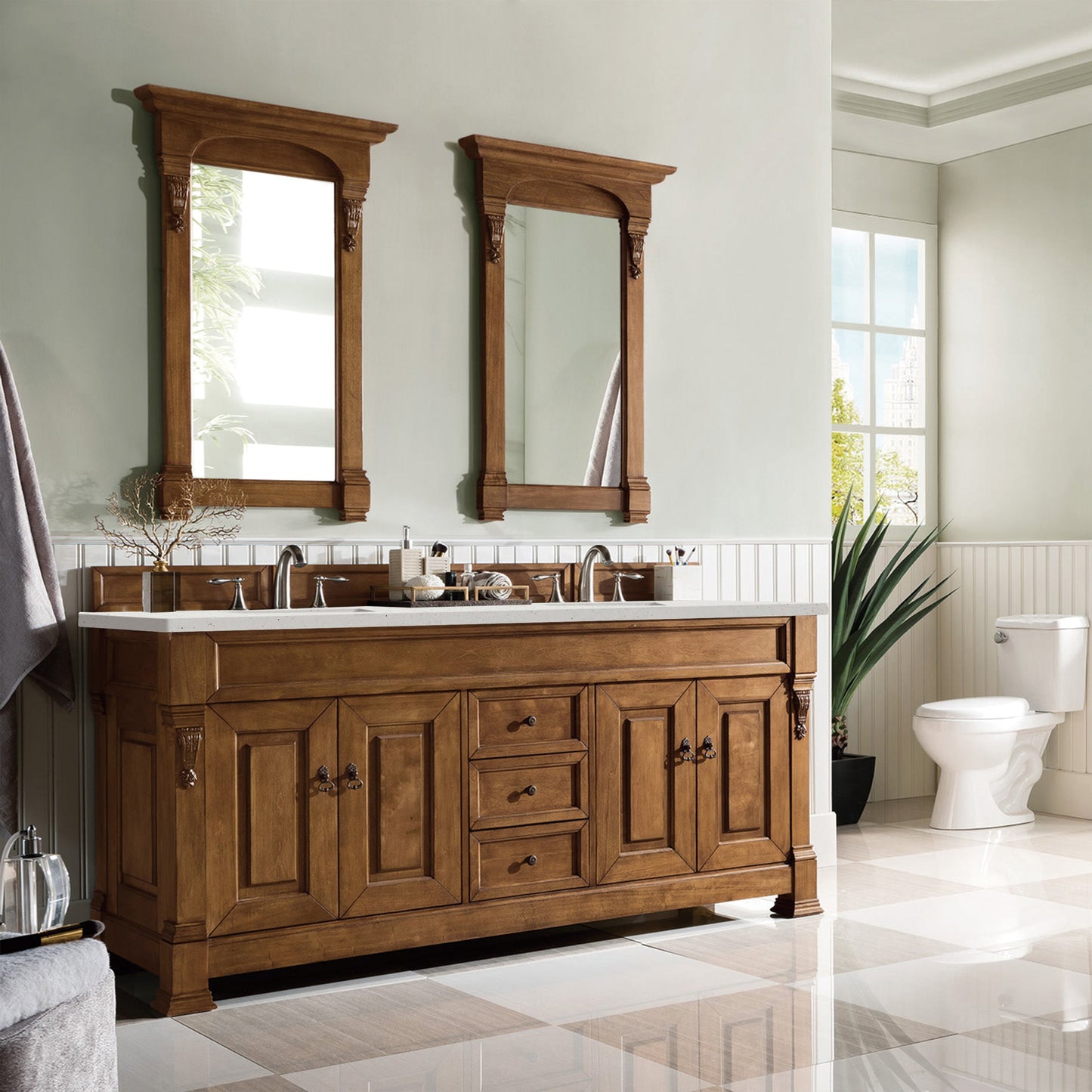 James Martin Vanities Brittany 72" Country Oak Double Vanity With 3 cm Lime Delight Quartz Top