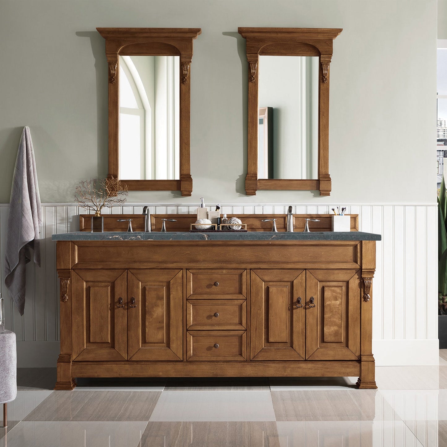 James Martin Vanities Brittany 72" Country Oak Double Vanity With 3 cm Parisien Bleu Quartz Top