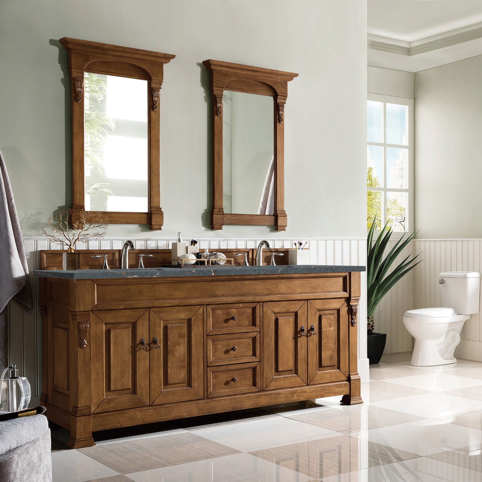 James Martin Vanities Brittany 72" Country Oak Double Vanity With 3 cm Parisien Bleu Quartz Top