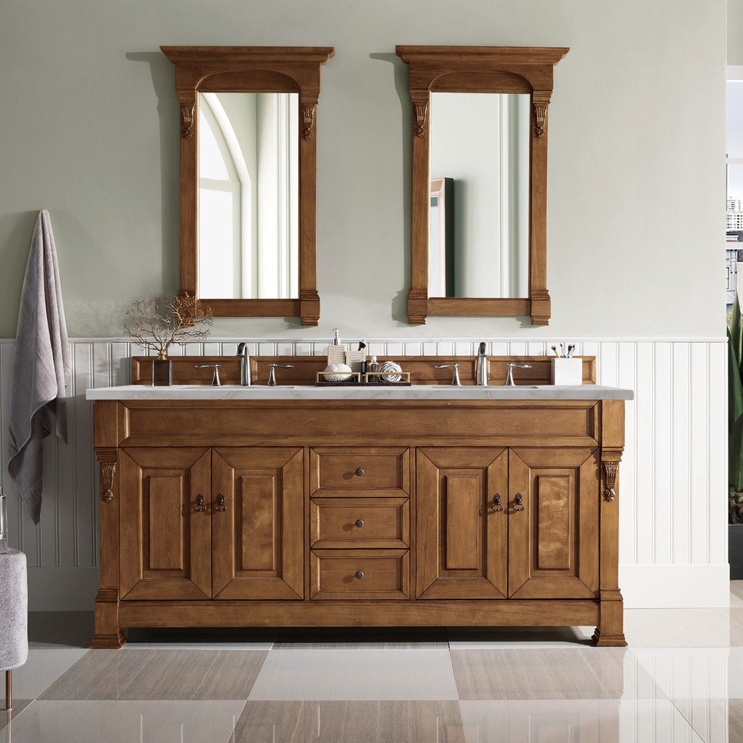 James Martin Vanities Brittany 72" Country Oak Double Vanity With 3 cm Victorian Silver Quartz Top