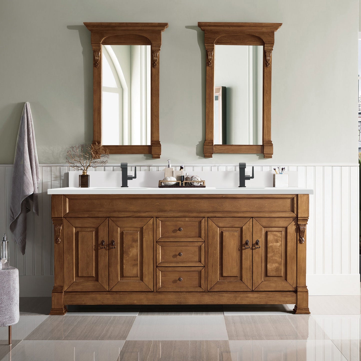 James Martin Vanities Brittany 72" Country Oak Double Vanity With Single Hole 3 cm White Zeus Quartz Top & Backsplash