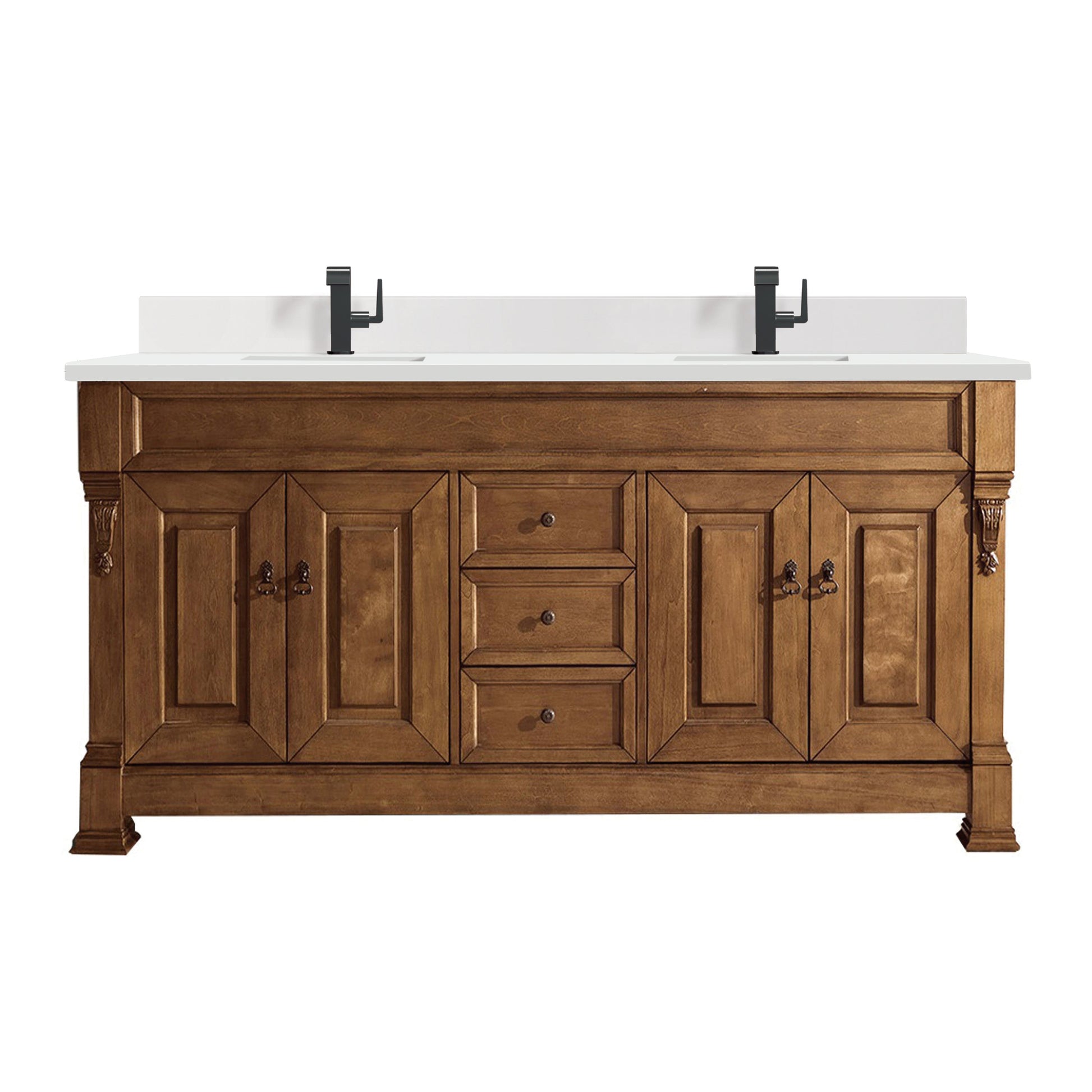 James Martin Vanities Brittany 72" Country Oak Double Vanity With Single Hole 3 cm White Zeus Quartz Top & Backsplash