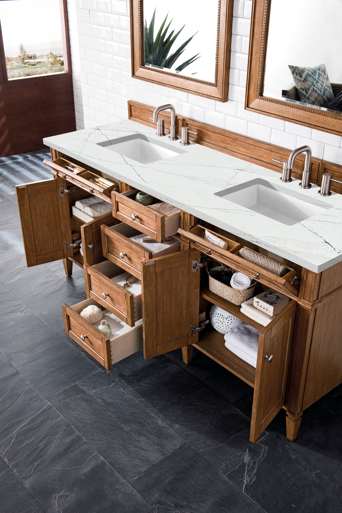 James Martin Vanities Brittany 72" Saddle Brown Double Vanity With 3 cm Ethereal Noctis Silestone Top and FreePower Wireless Charger