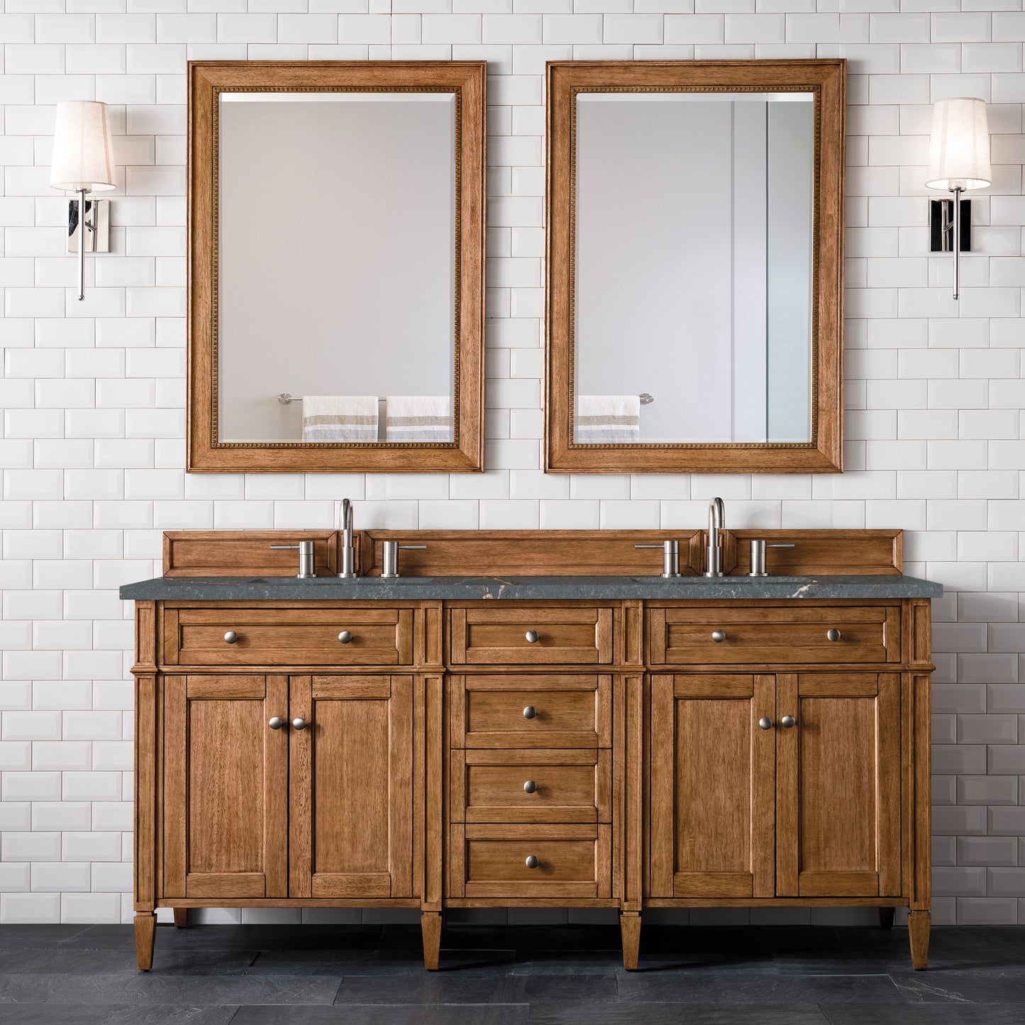 James Martin Vanities Brittany 72" Saddle Brown Double Vanity With 3 cm Parisien Bleu Quartz Top