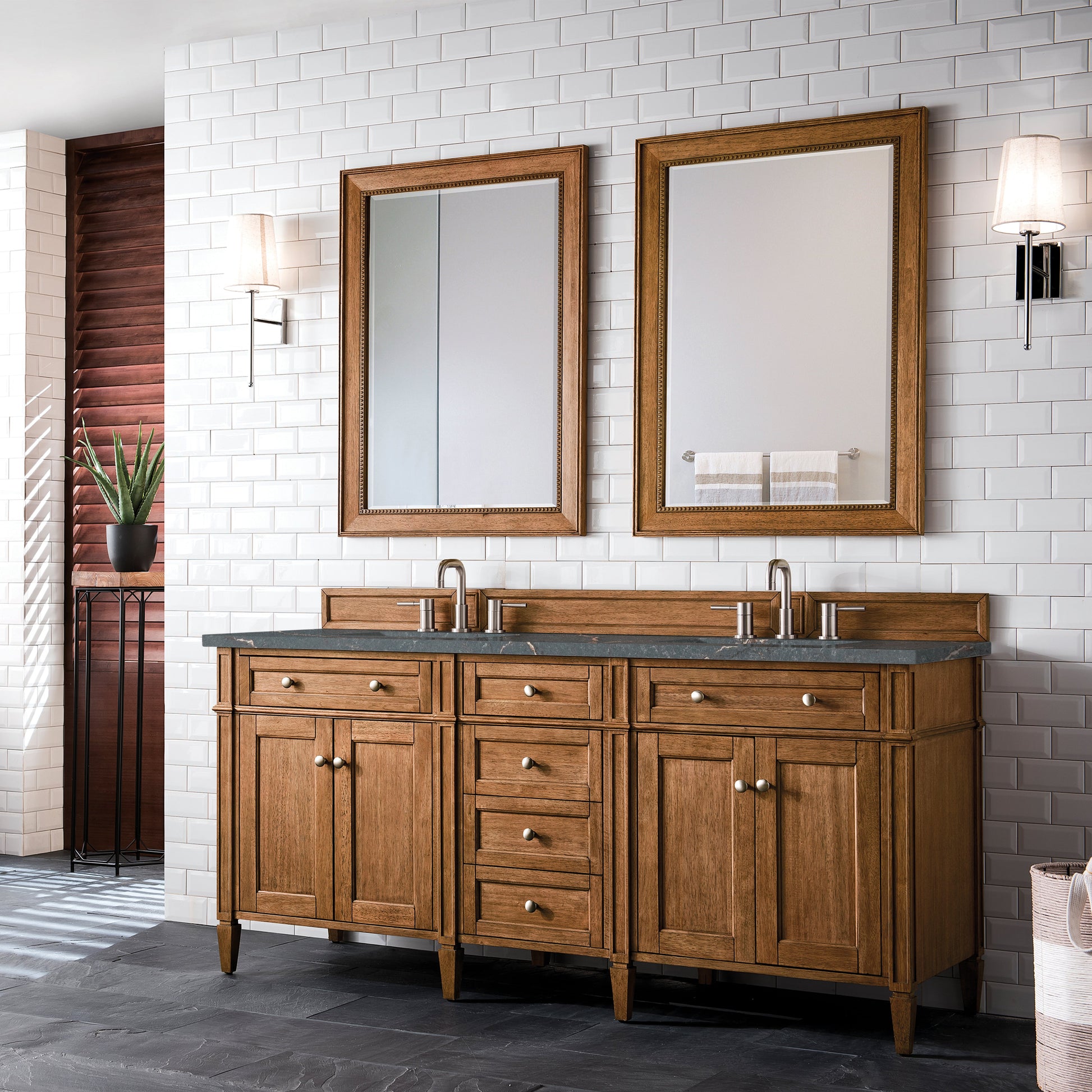 James Martin Vanities Brittany 72" Saddle Brown Double Vanity With 3 cm Parisien Bleu Quartz Top