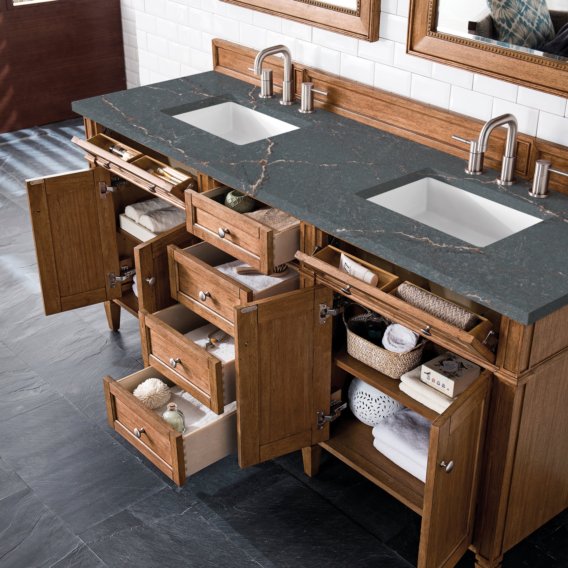 James Martin Vanities Brittany 72" Saddle Brown Double Vanity With 3 cm Parisien Bleu Silestone Top and FreePower Wireless Charger
