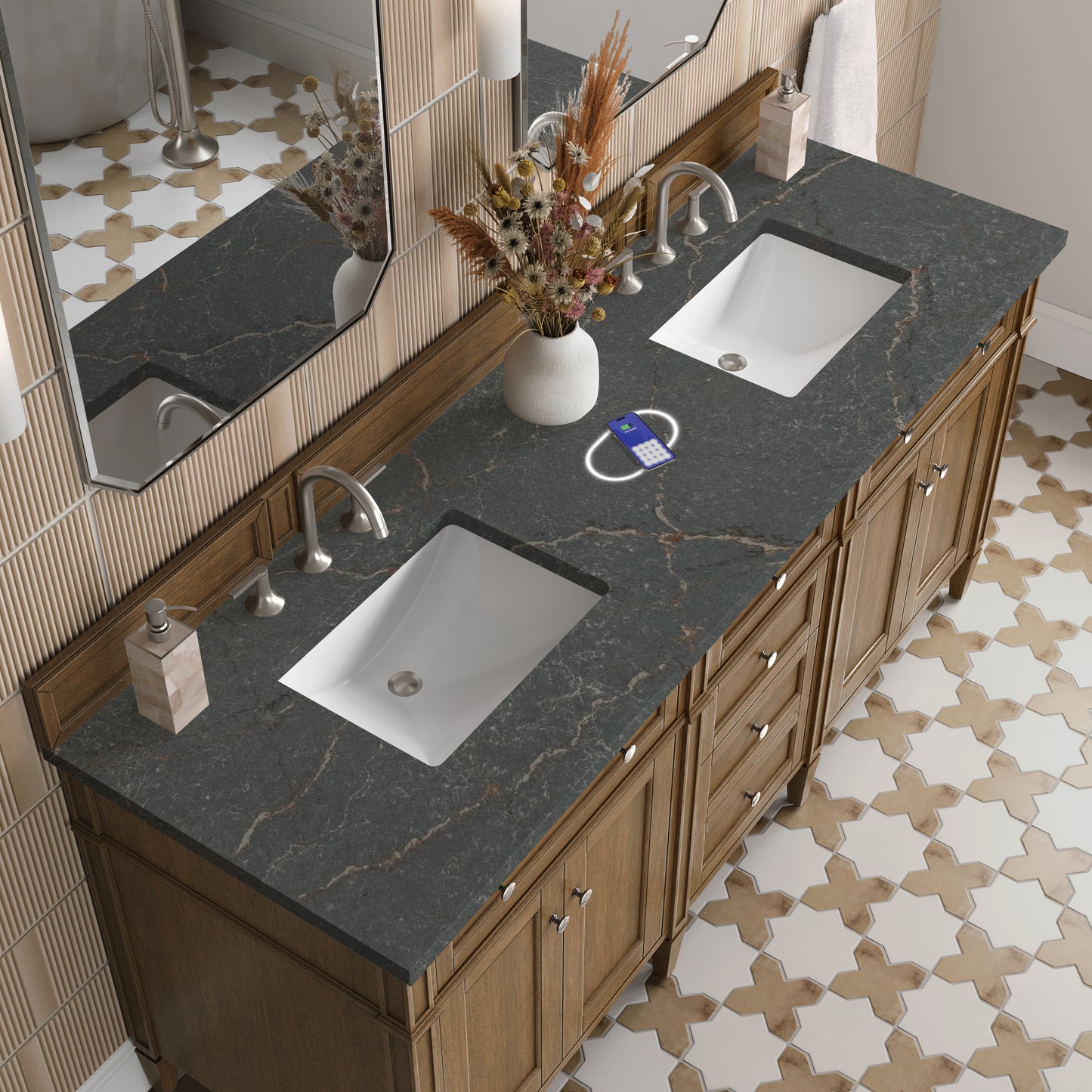 James Martin Vanities Brittany 72" Saddle Brown Double Vanity With 3 cm Parisien Bleu Silestone Top and FreePower Wireless Charger