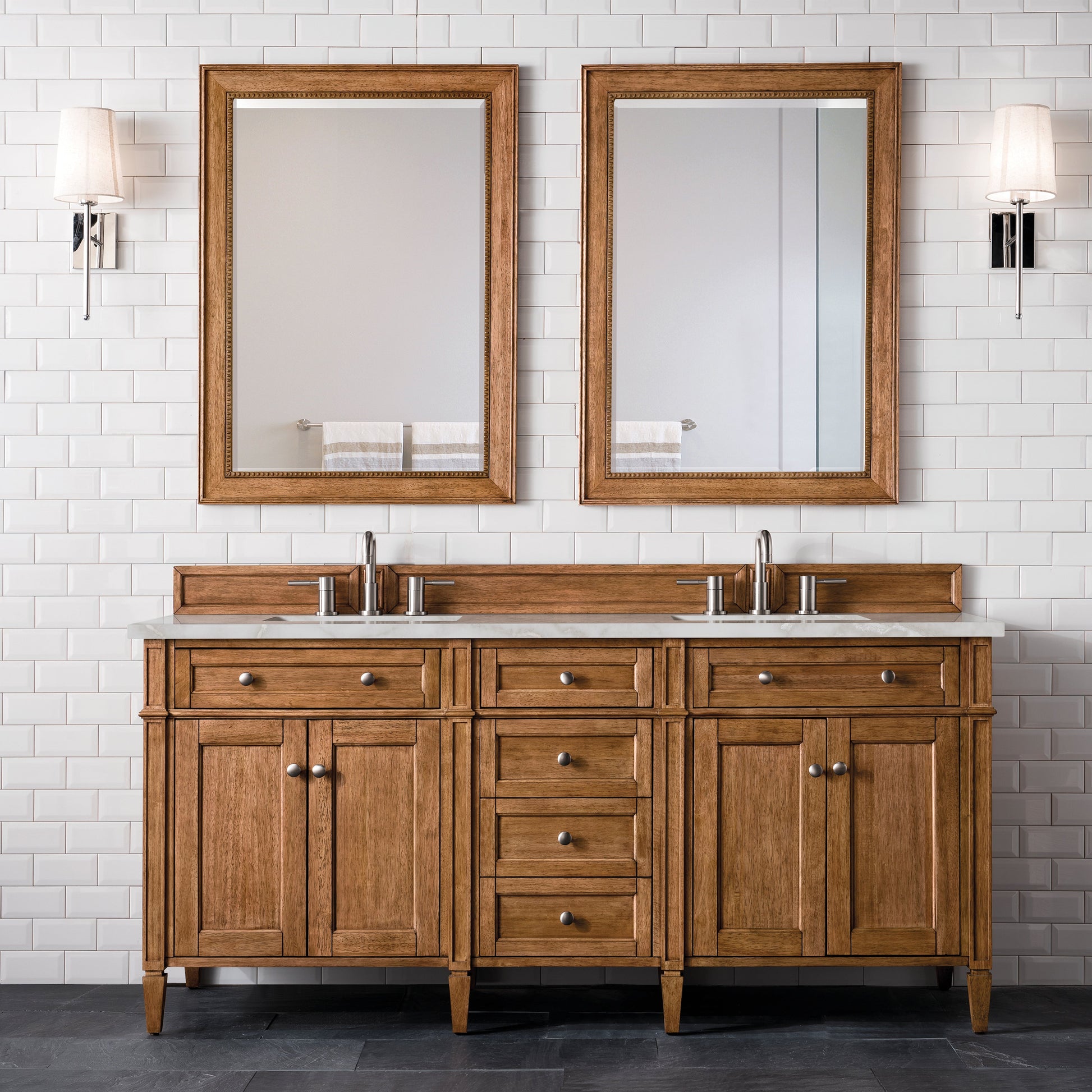 James Martin Vanities Brittany 72" Saddle Brown Double Vanity With 3 cm Victorian Silver Quartz Top