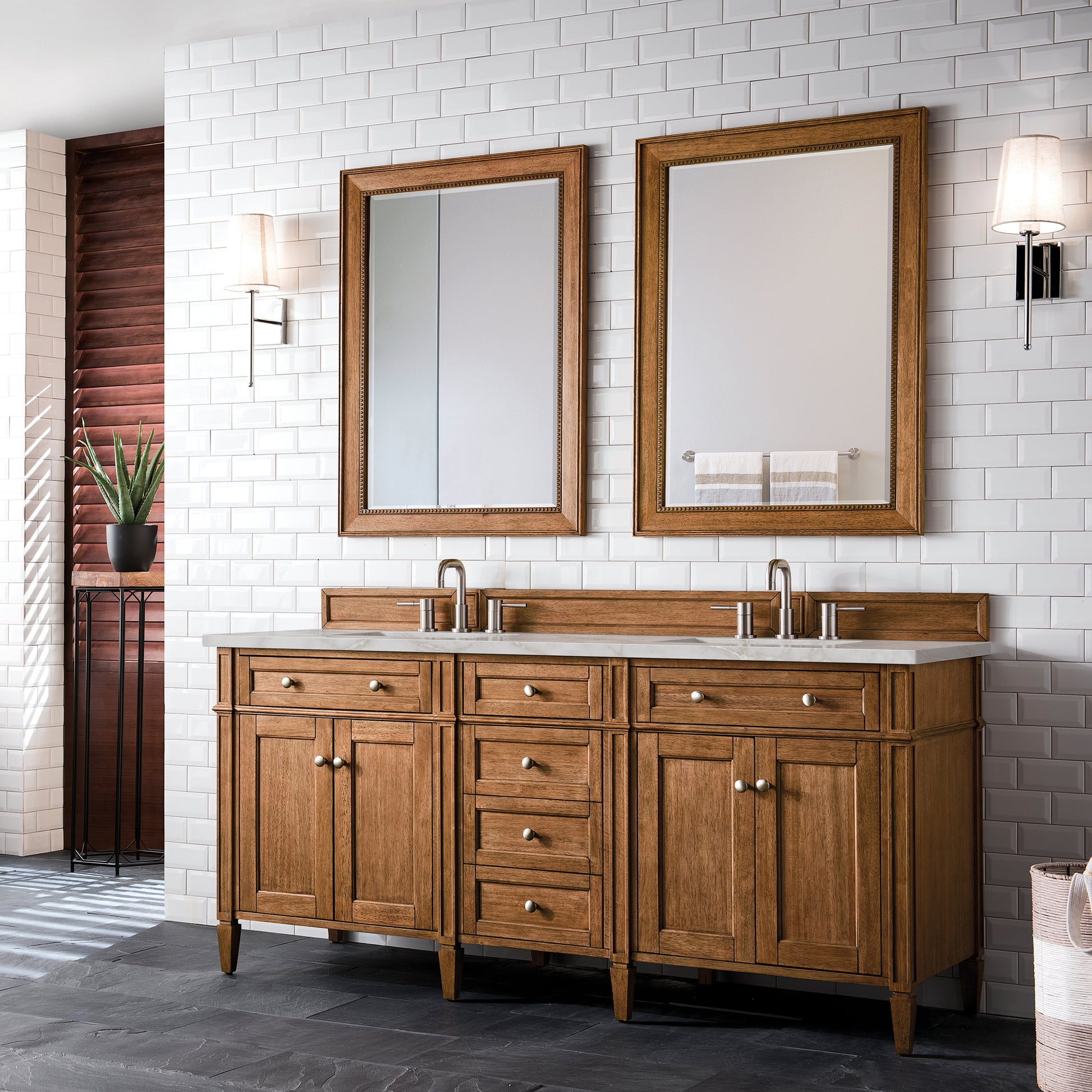 James Martin Vanities Brittany 72" Saddle Brown Double Vanity With 3 cm Victorian Silver Quartz Top