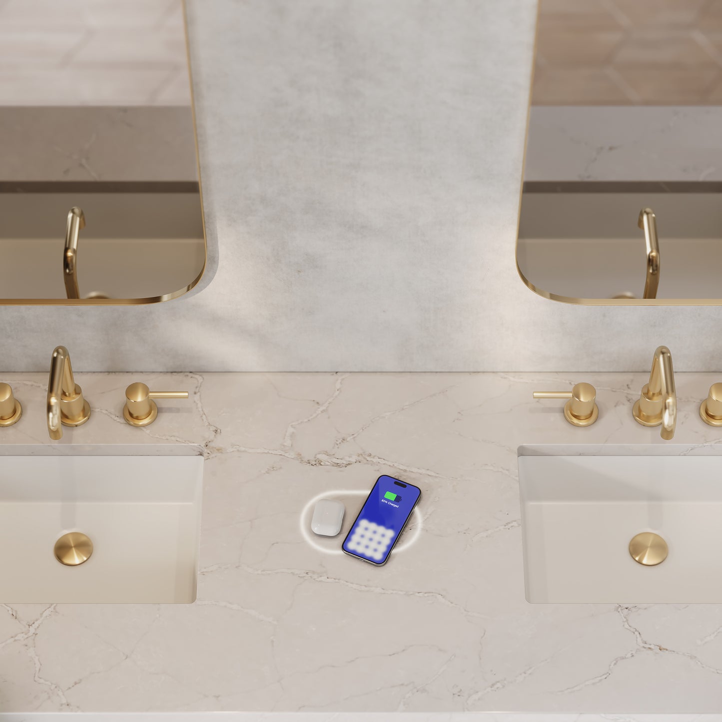 James Martin Vanities Brittany 72" Saddle Brown Double Vanity With 3 cm Victorian Silver Silestone Top and FreePower Wireless Charger