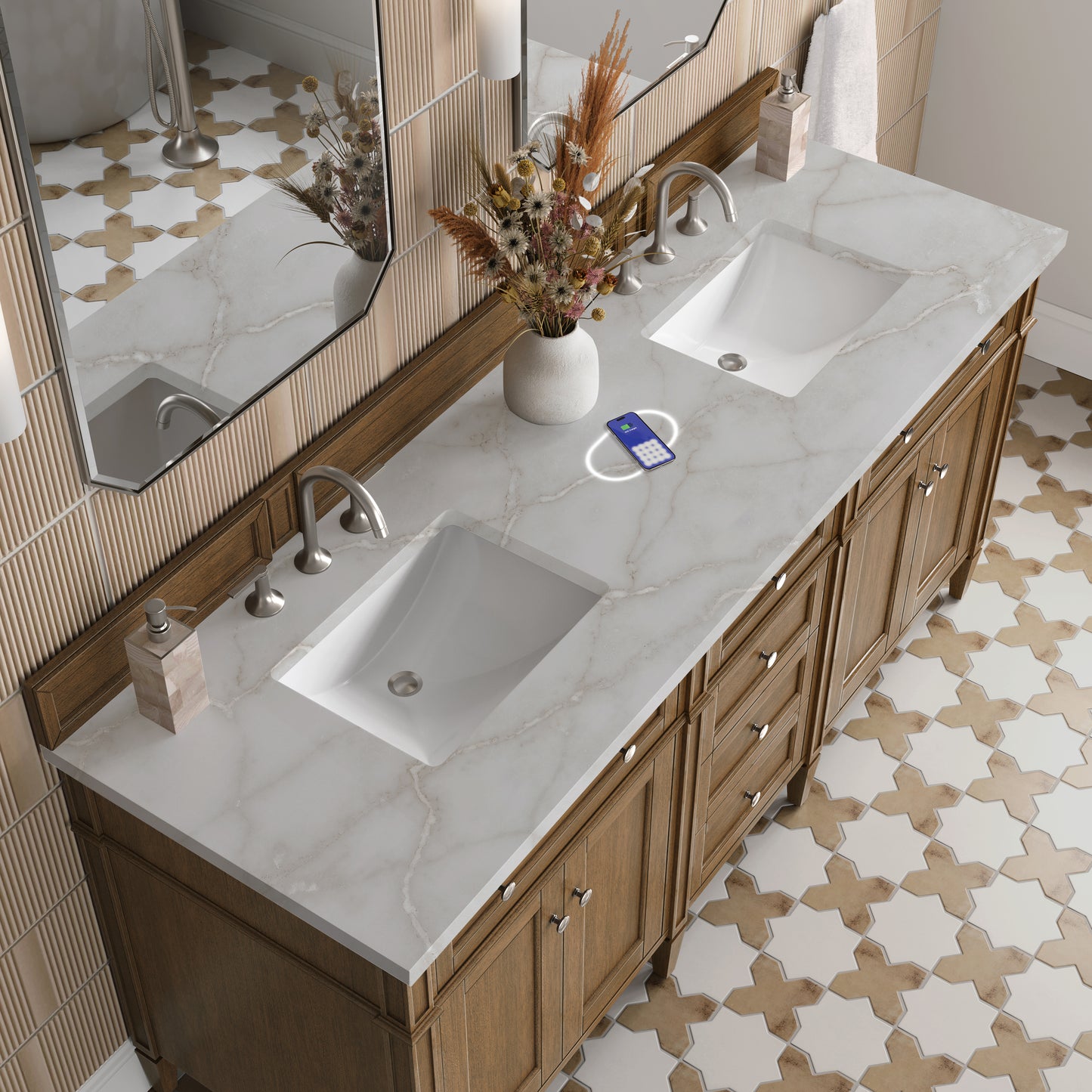 James Martin Vanities Brittany 72" Saddle Brown Double Vanity With 3 cm Victorian Silver Silestone Top and FreePower Wireless Charger