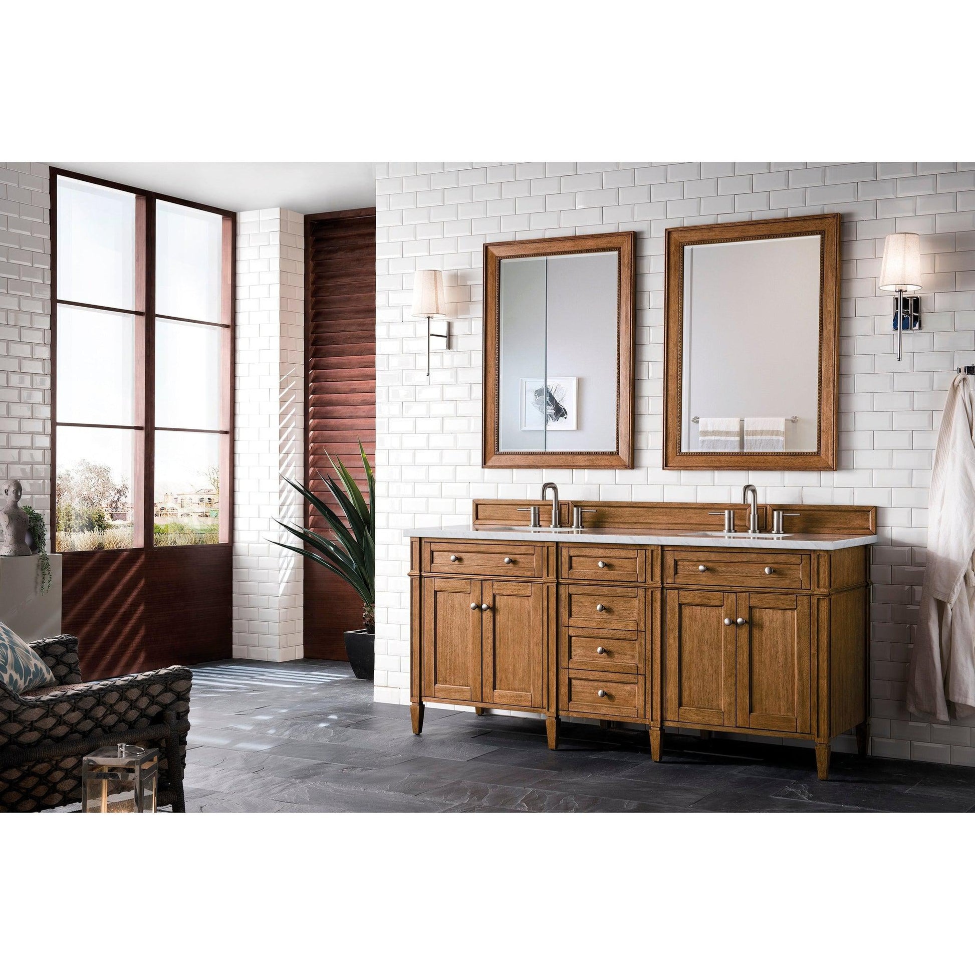 James Martin Vanities Brittany 72" Saddle Brown Double Vanity With 3cm Arctic Fall Solid Surface Top