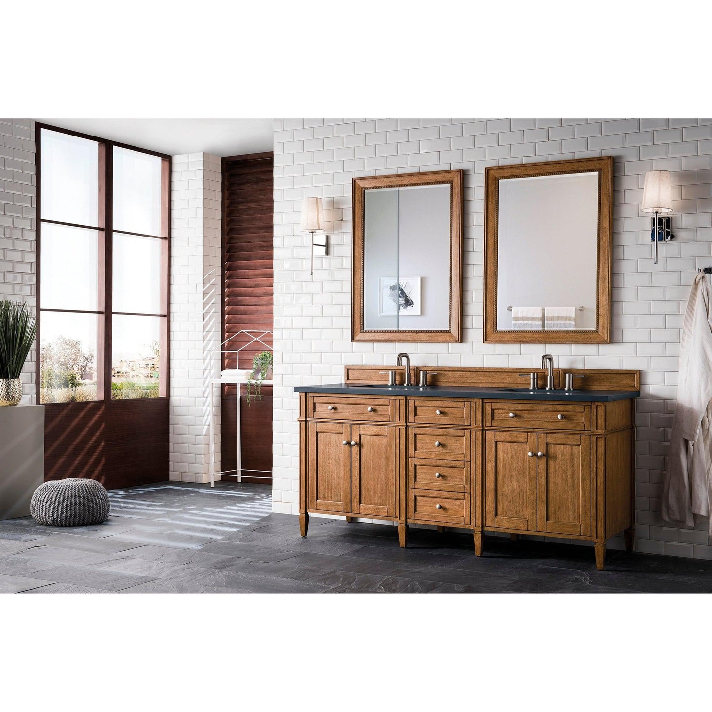 James Martin Vanities Brittany 72" Saddle Brown Double Vanity With 3cm Charcoal Soapstone Quartz Top