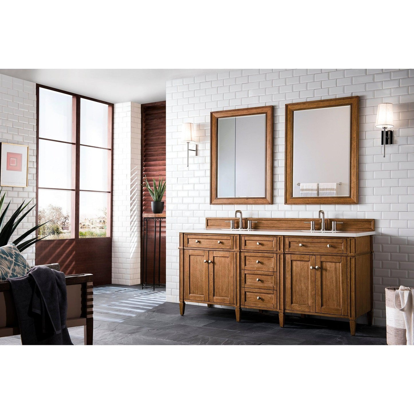 James Martin Vanities Brittany 72" Saddle Brown Double Vanity With 3cm White Zeus Quartz Top