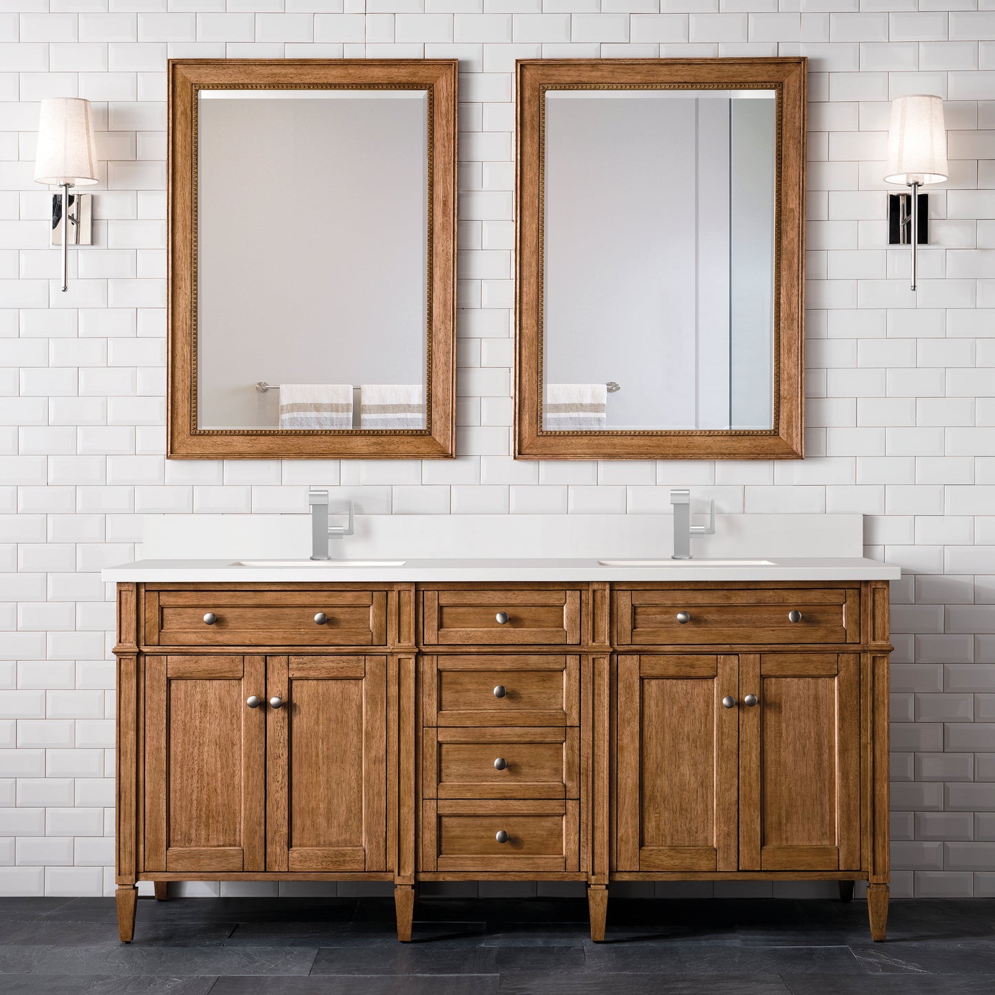 James Martin Vanities Brittany 72" Saddle Brown Double Vanity With Single Hole 3 cm White Zeus Quartz Top & Backsplash