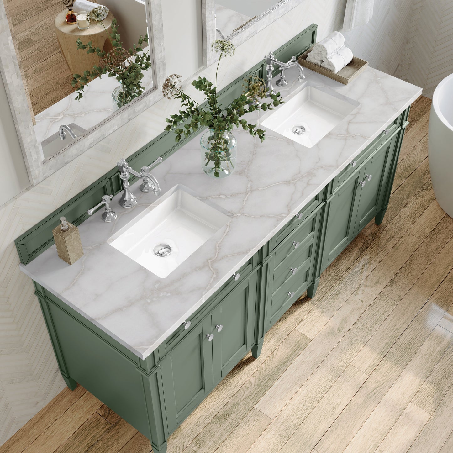 James Martin Vanities Brittany 72" Smokey Celadon Double Vanity With 3 cm Victorian Silver Top