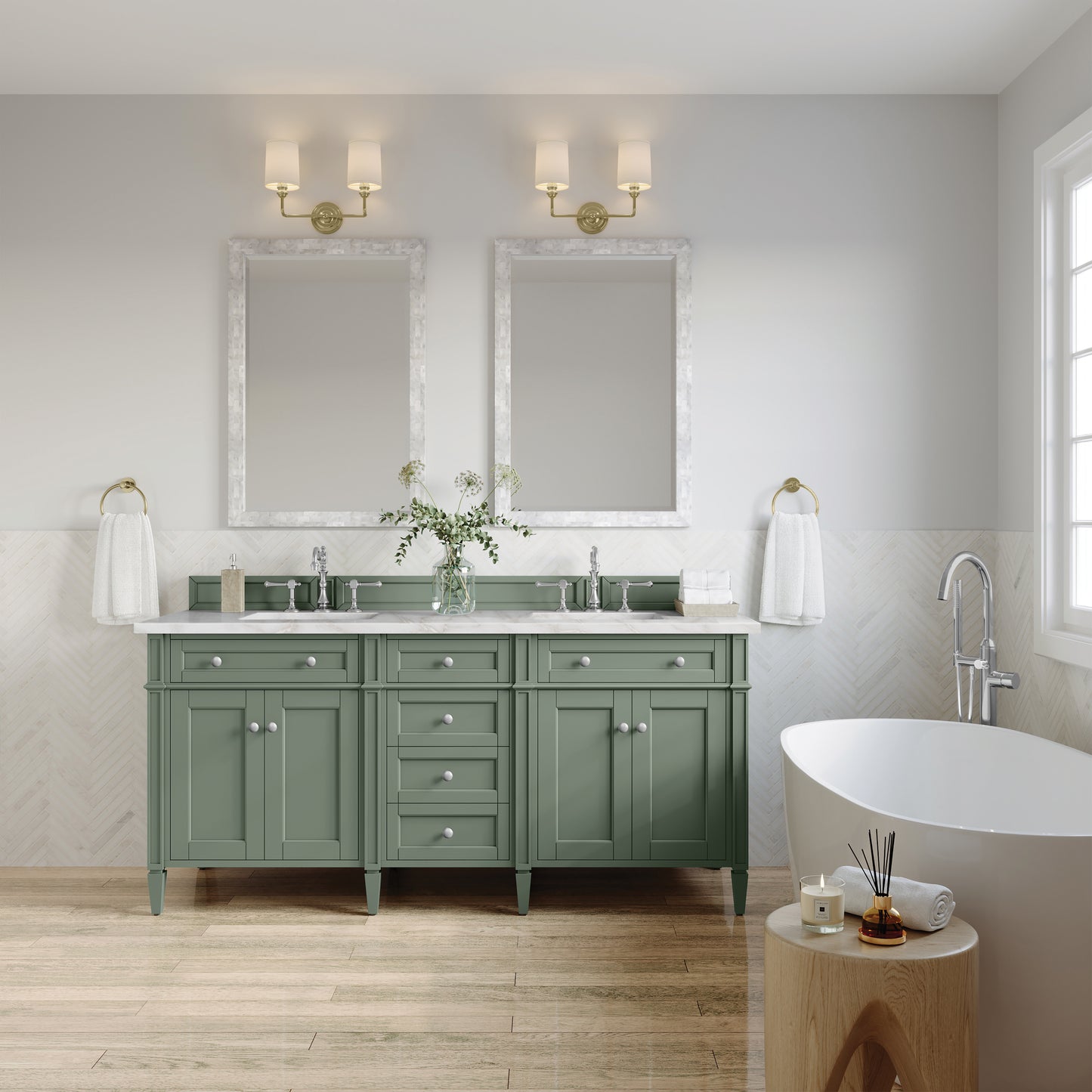 James Martin Vanities Brittany 72" Smokey Celadon Double Vanity With 3 cm Victorian Silver Top and FreePower Wireless Charger