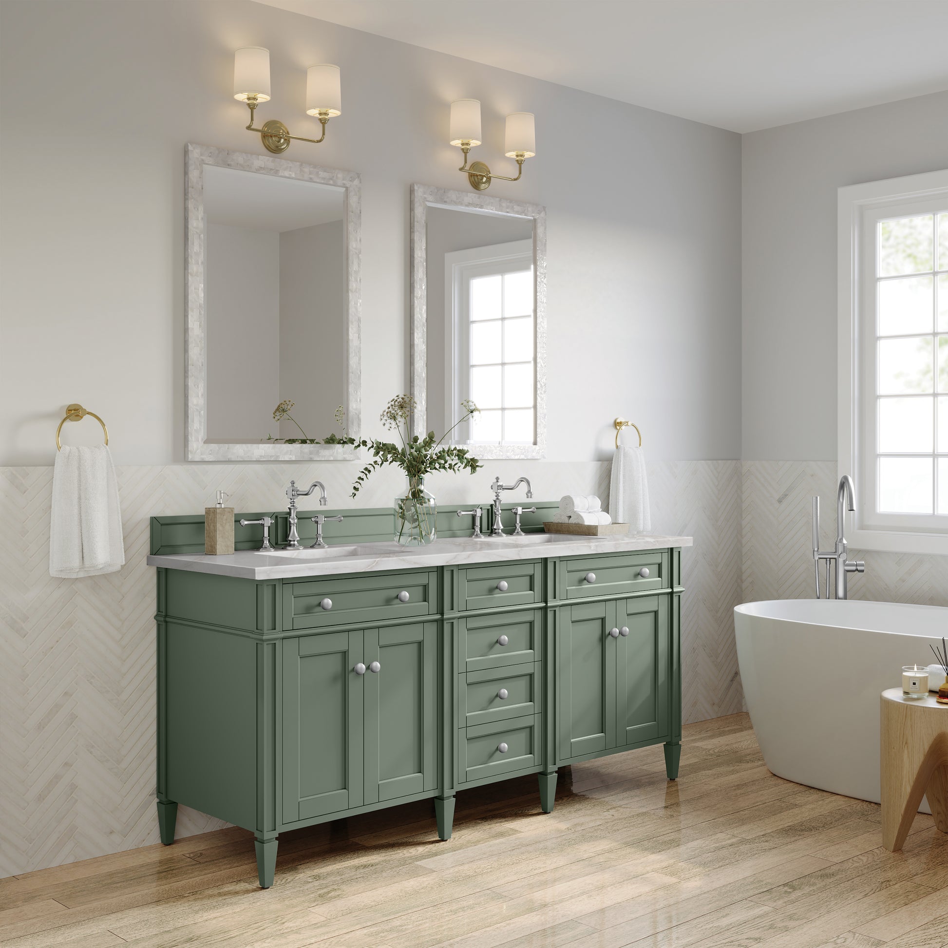 James Martin Vanities Brittany 72" Smokey Celadon Double Vanity With 3 cm Victorian Silver Top and FreePower Wireless Charger