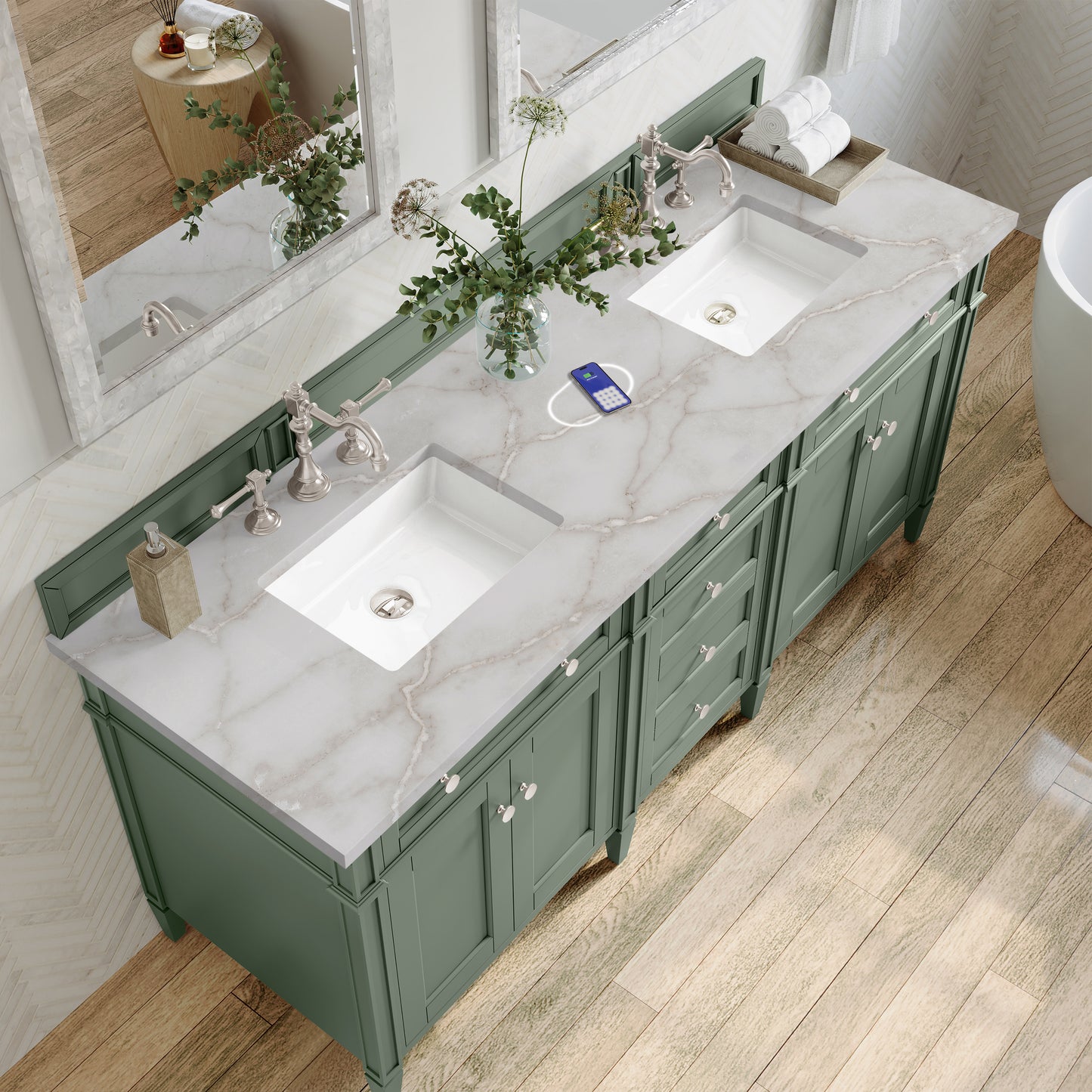 James Martin Vanities Brittany 72" Smokey Celadon Double Vanity With 3 cm Victorian Silver Top and FreePower Wireless Charger
