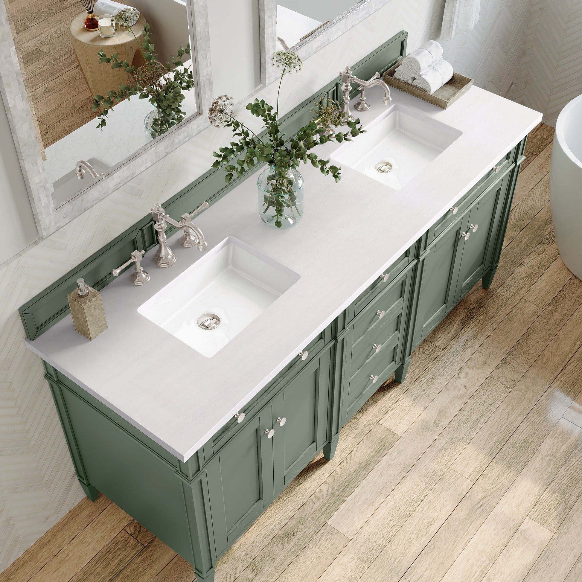 James Martin Vanities Brittany 72" Smokey Celadon Double Vanity With 3 cm White Zeus Top