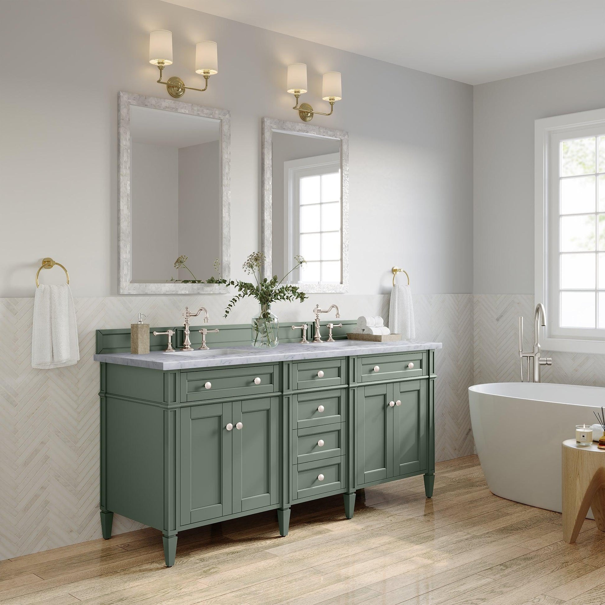 James Martin Vanities Brittany 72" Smokey Celadon Double Vanity With 3cm Carrara Marble Top