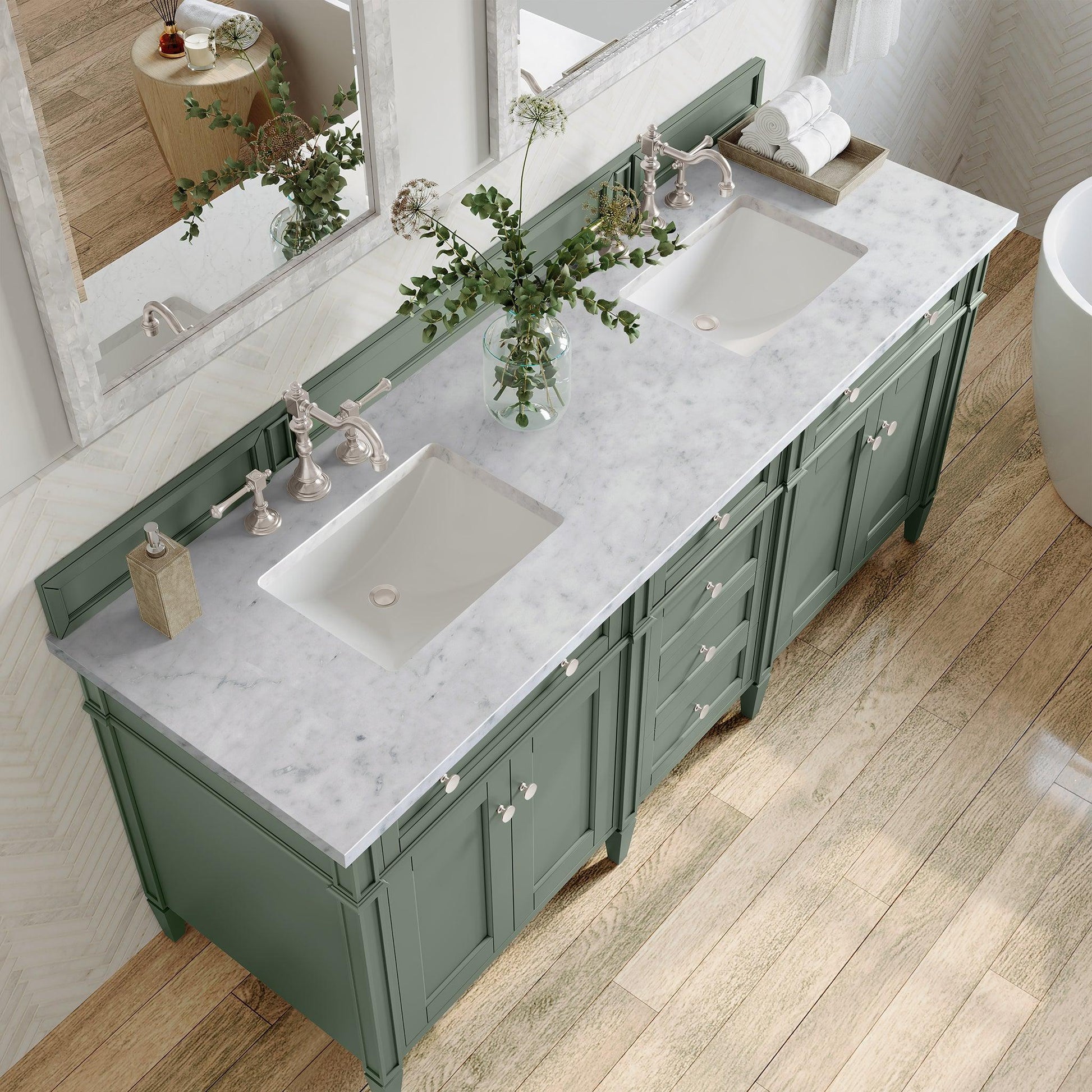 James Martin Vanities Brittany 72" Smokey Celadon Double Vanity With 3cm Carrara Marble Top