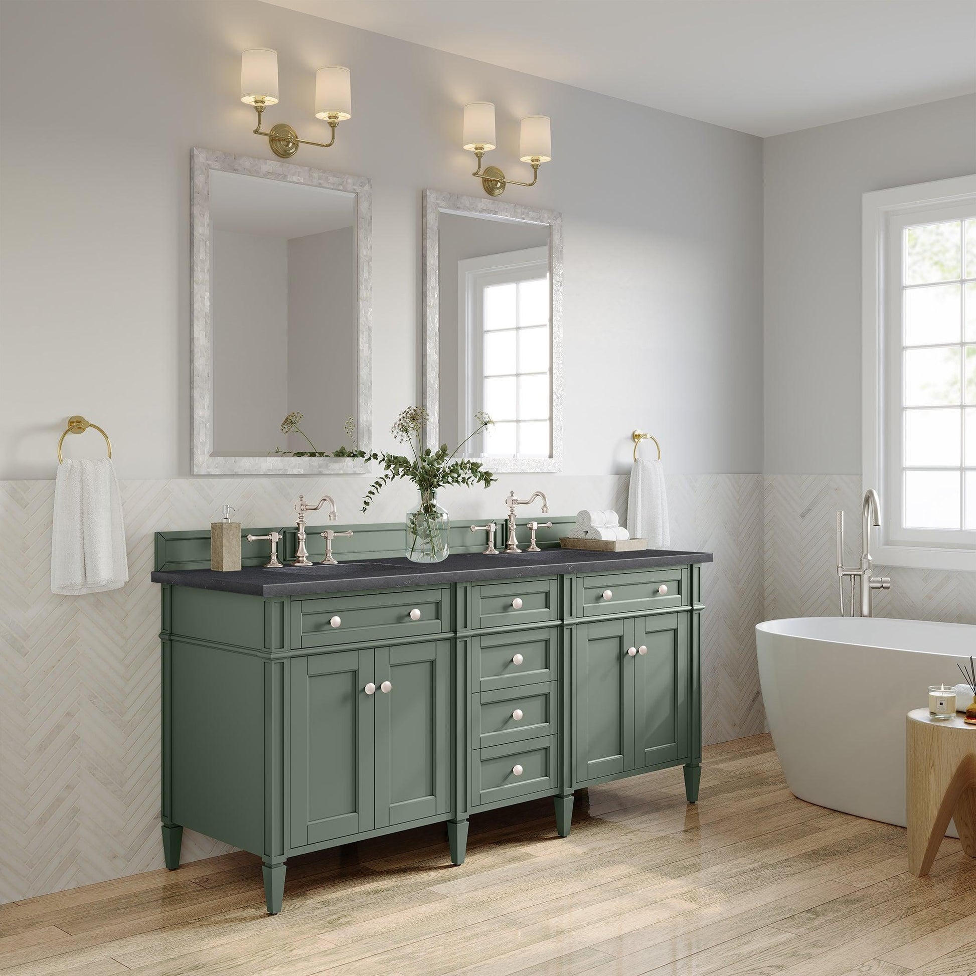 James Martin Vanities Brittany 72" Smokey Celadon Double Vanity With 3cm Charcoal Soapstone Top