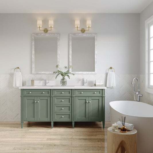 James Martin Vanities Brittany 72" Smokey Celadon Double Vanity With Single Hole 3 cm White Zeus Top & Backsplash