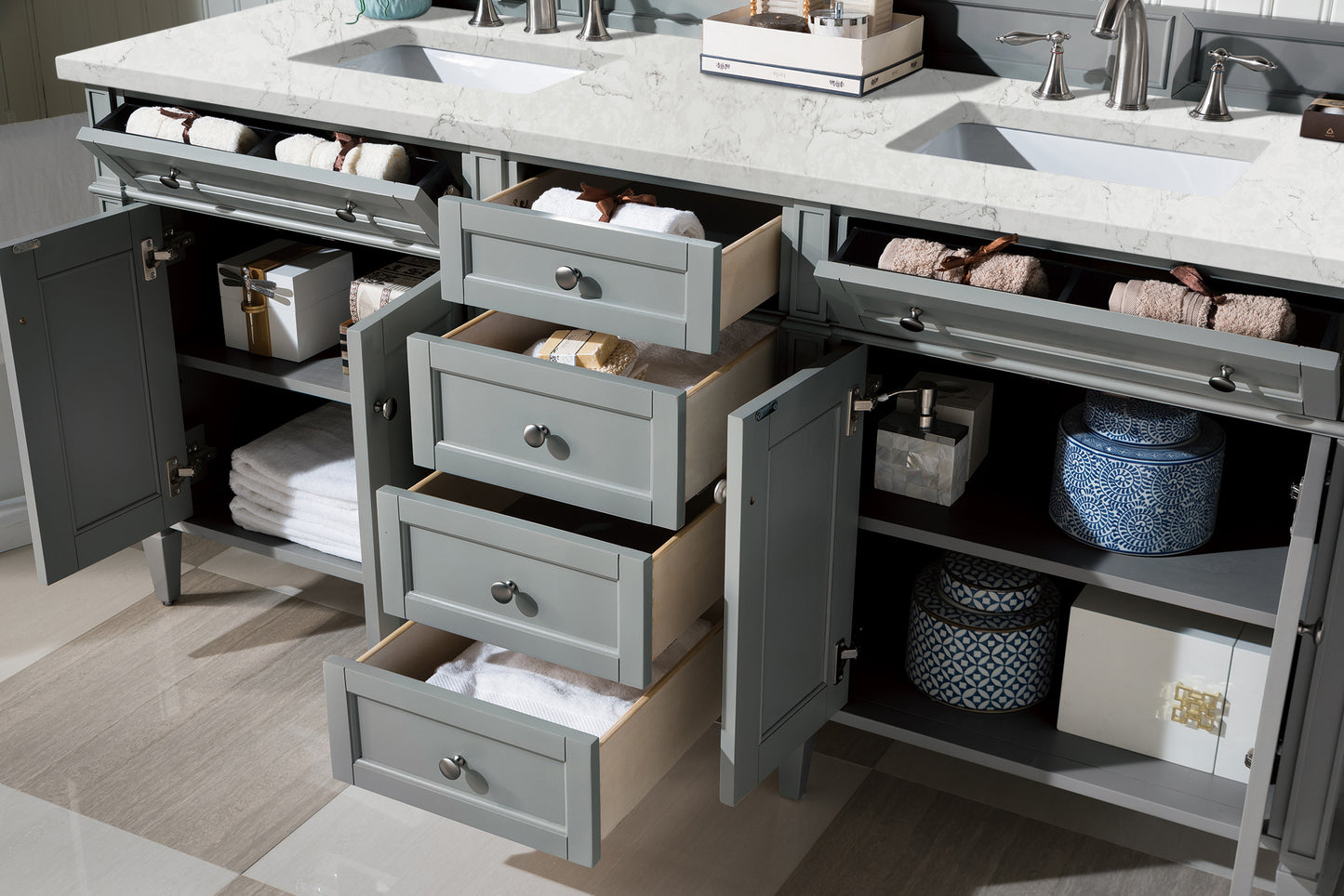 James Martin Vanities Brittany 72" Urban Gray Double Vanity With 3 cm Eternal Jasmine Pearl Silestone Top and FreePower Wireless Charger