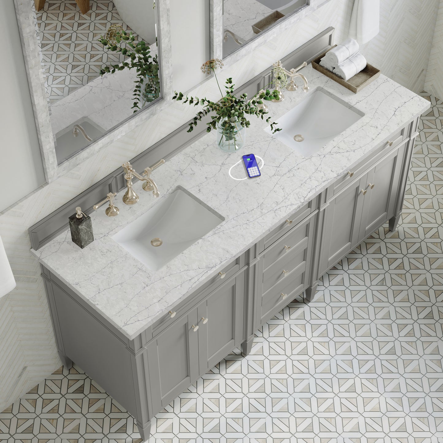 James Martin Vanities Brittany 72" Urban Gray Double Vanity With 3 cm Eternal Jasmine Pearl Silestone Top and FreePower Wireless Charger