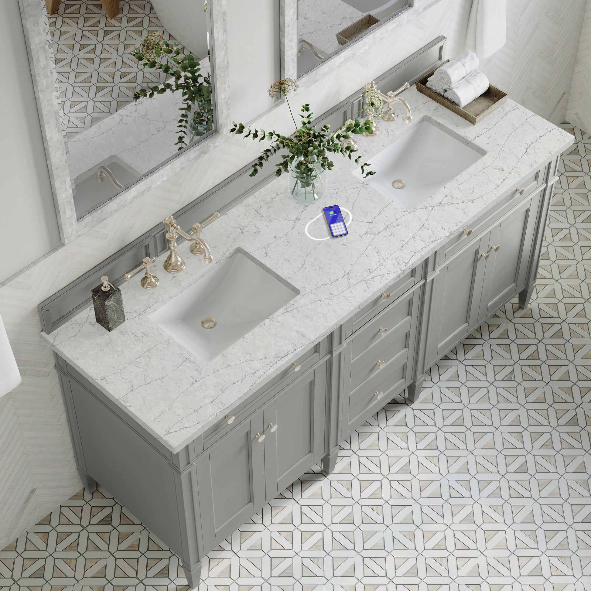 James Martin Vanities Brittany 72" Urban Gray Double Vanity With 3 cm Eternal Jasmine Pearl Silestone Top and FreePower Wireless Charger