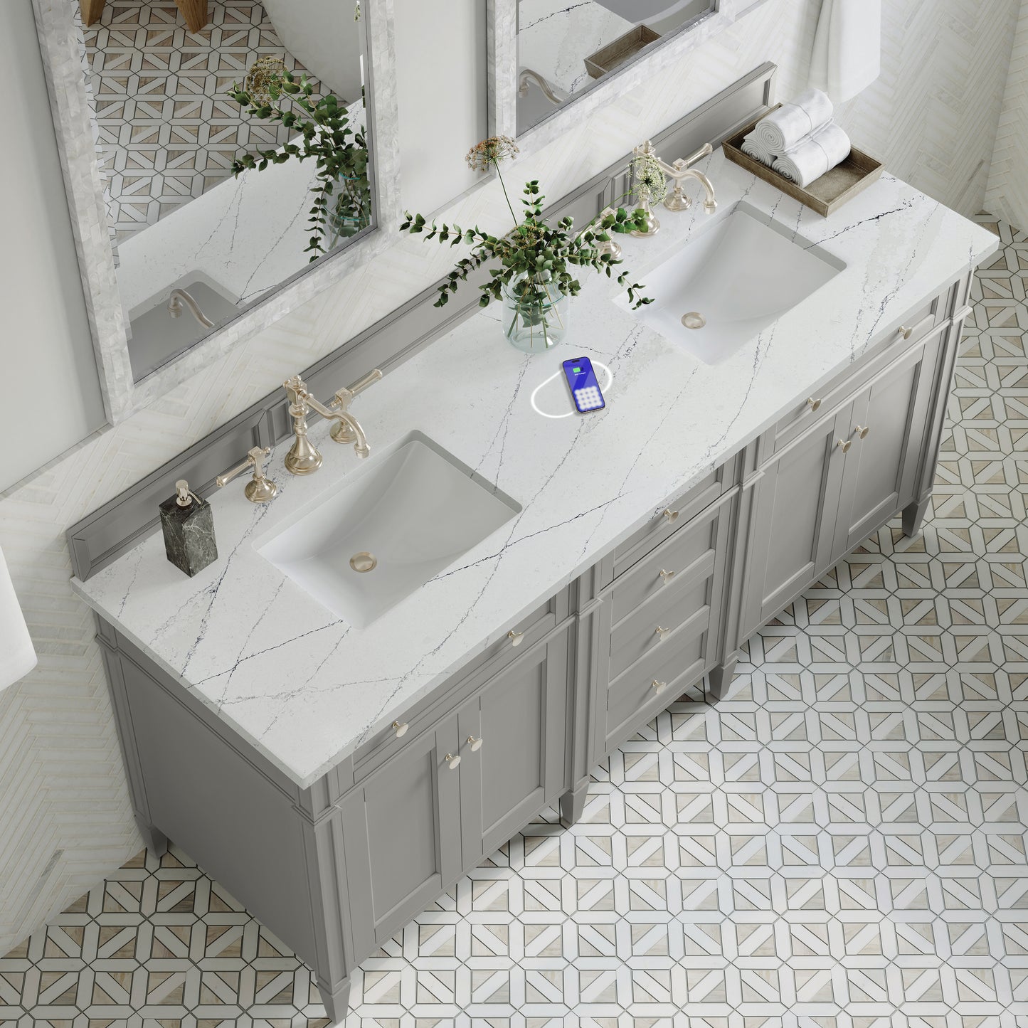 James Martin Vanities Brittany 72" Urban Gray Double Vanity With 3 cm Ethereal Noctis Silestone Top and FreePower Wireless Charger