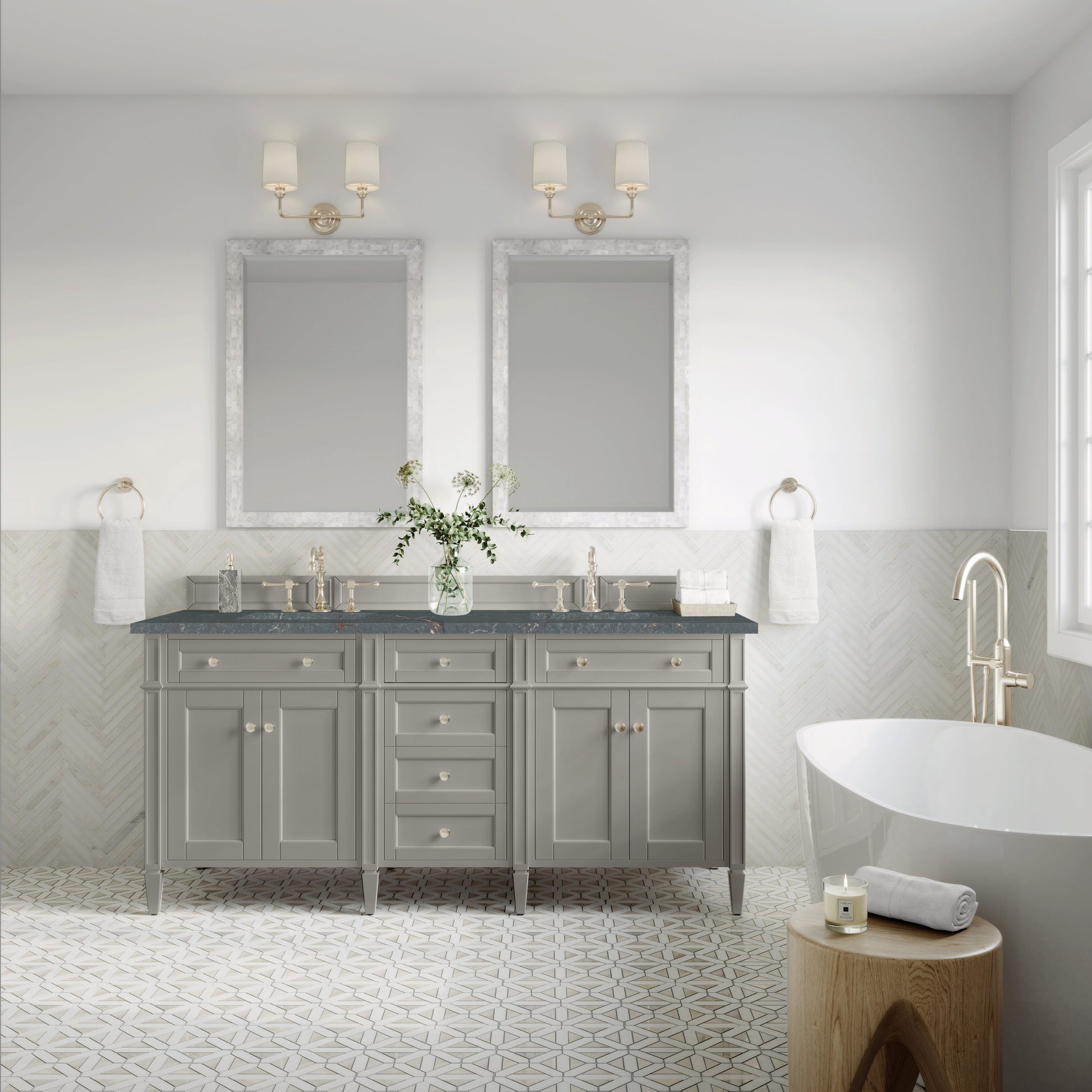 James Martin Vanities Brittany 72" Urban Gray Double Vanity With 3 cm Parisien Bleu Quartz Top