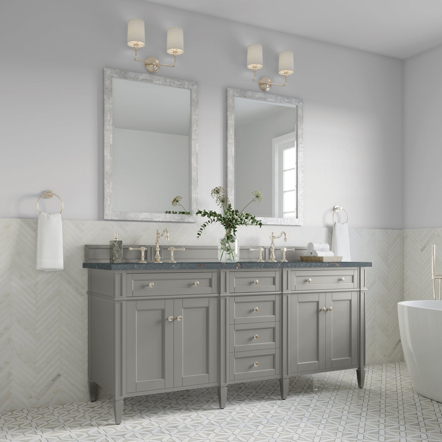 James Martin Vanities Brittany 72" Urban Gray Double Vanity With 3 cm Parisien Bleu Quartz Top