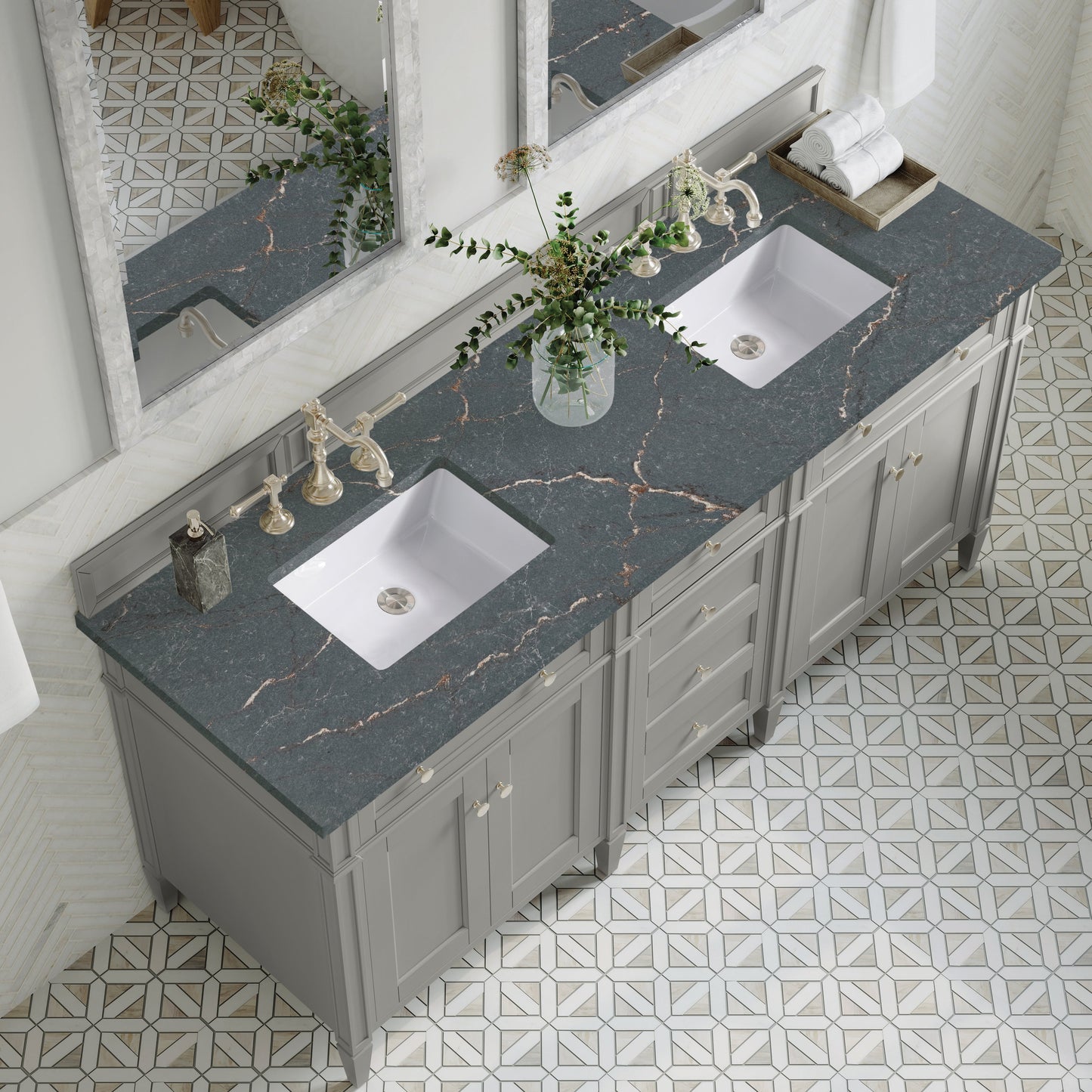 James Martin Vanities Brittany 72" Urban Gray Double Vanity With 3 cm Parisien Bleu Quartz Top