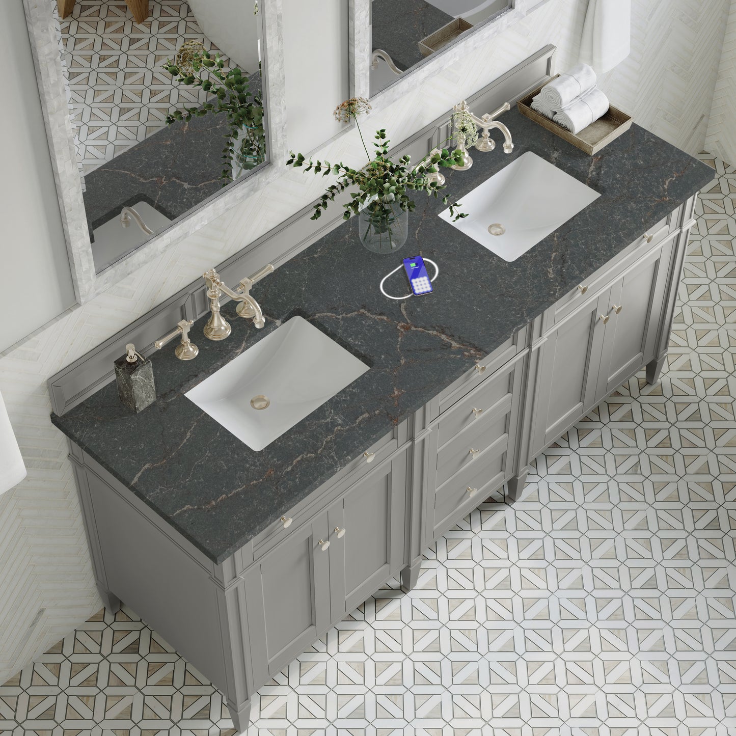 James Martin Vanities Brittany 72" Urban Gray Double Vanity With 3 cm Parisien Bleu Silestone Top and FreePower Wireless Charger