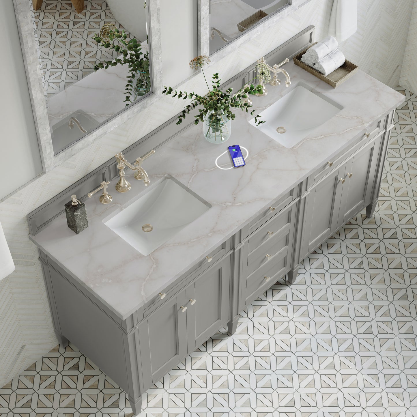 James Martin Vanities Brittany 72" Urban Gray Double Vanity With 3 cm Victorian Silver Silestone Top and FreePower Wireless Charger