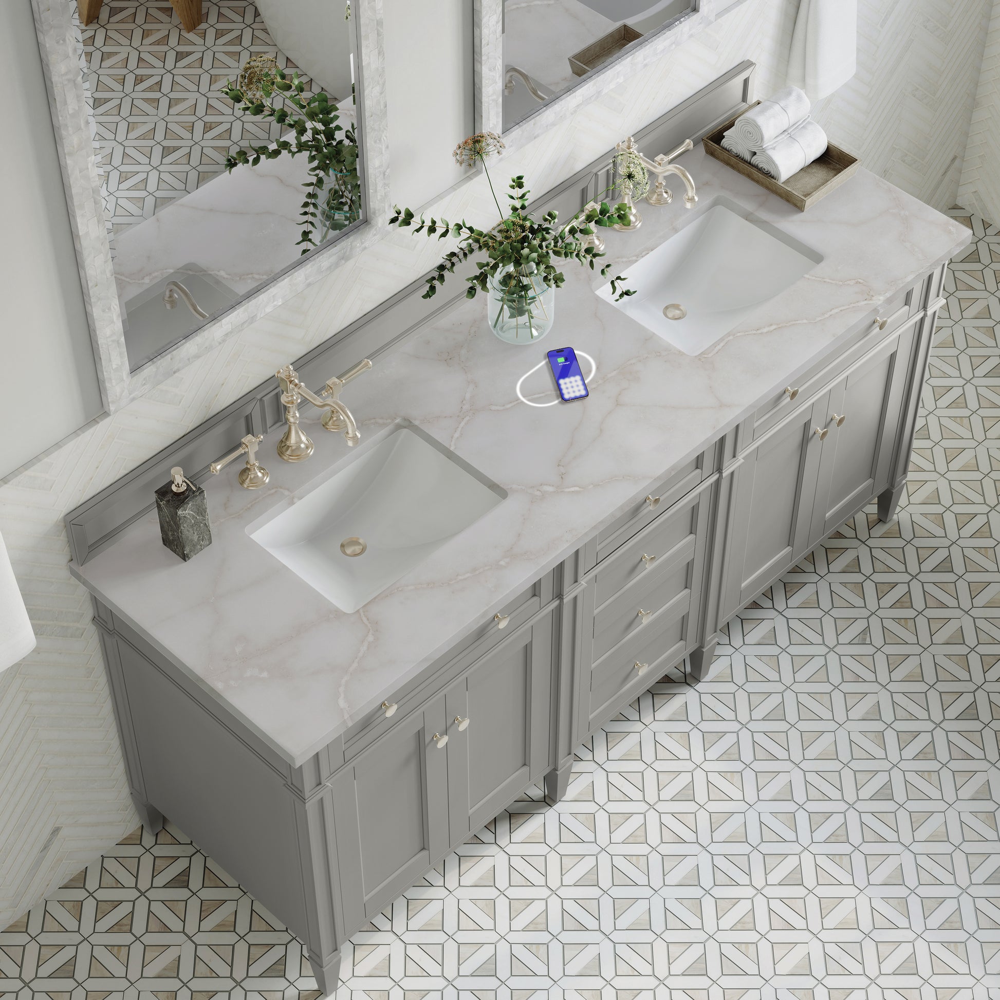 James Martin Vanities Brittany 72" Urban Gray Double Vanity With 3 cm Victorian Silver Silestone Top and FreePower Wireless Charger