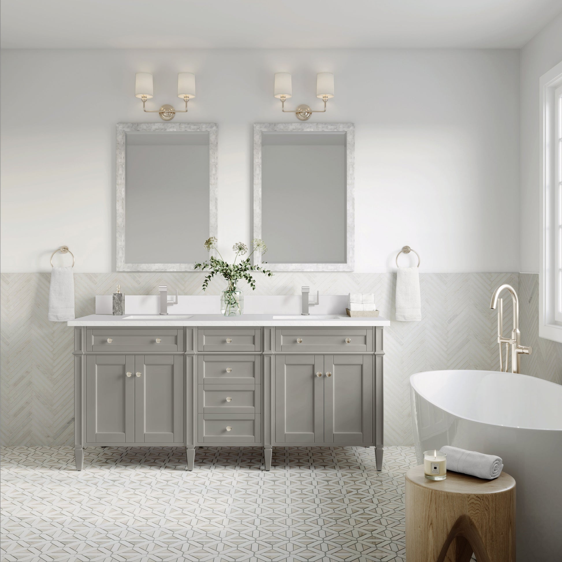 James Martin Vanities Brittany 72" Urban Gray Double Vanity With Single Hole 3 cm White Zeus Quartz Top & Backsplash