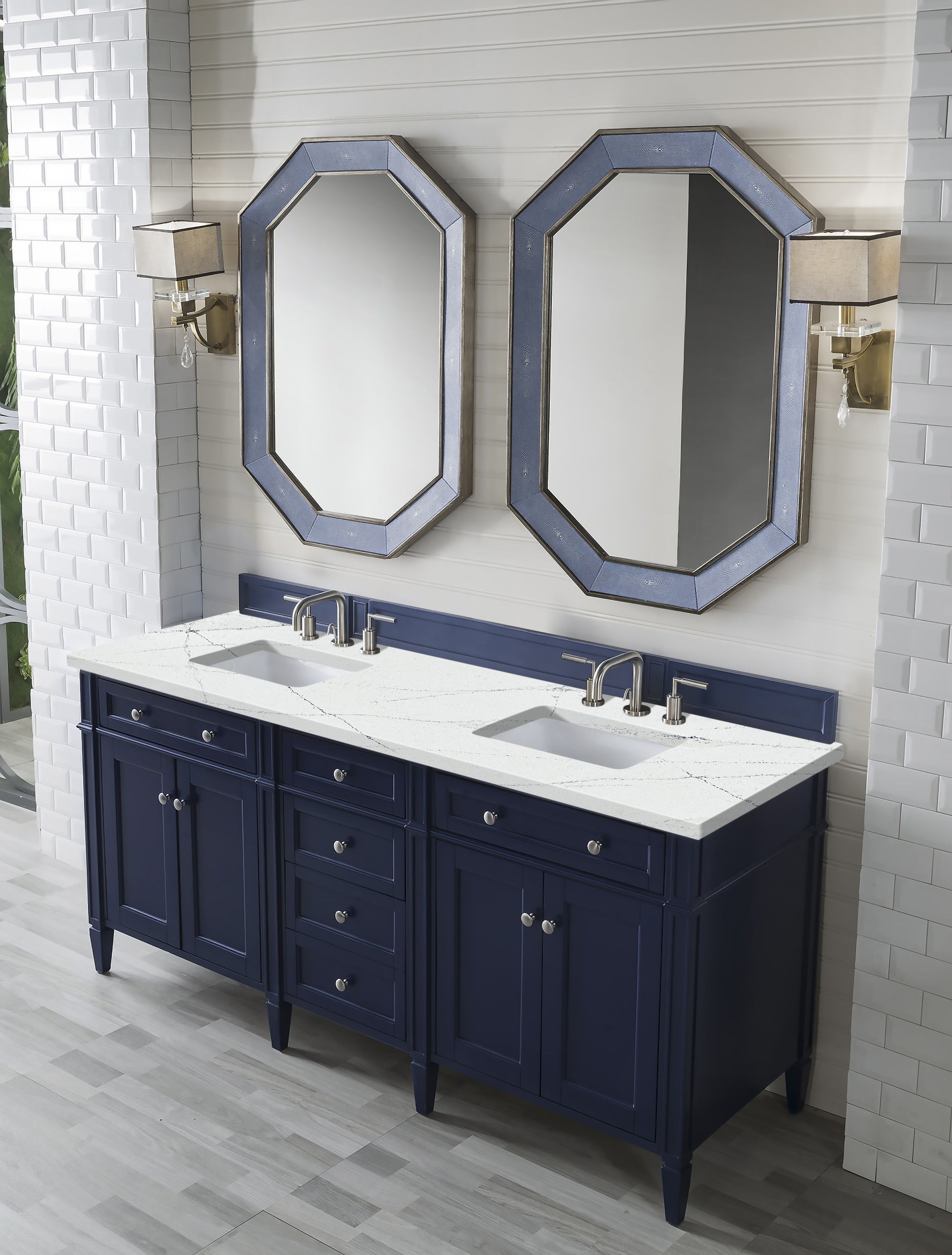 James Martin Vanities Brittany 72" Victory Blue Double Vanity With 3 cm Ethereal Noctis Silestone Top and FreePower Wireless Charger