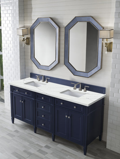 James Martin Vanities Brittany 72" Victory Blue Double Vanity With 3 cm Ethereal Noctis Silestone Top and FreePower Wireless Charger