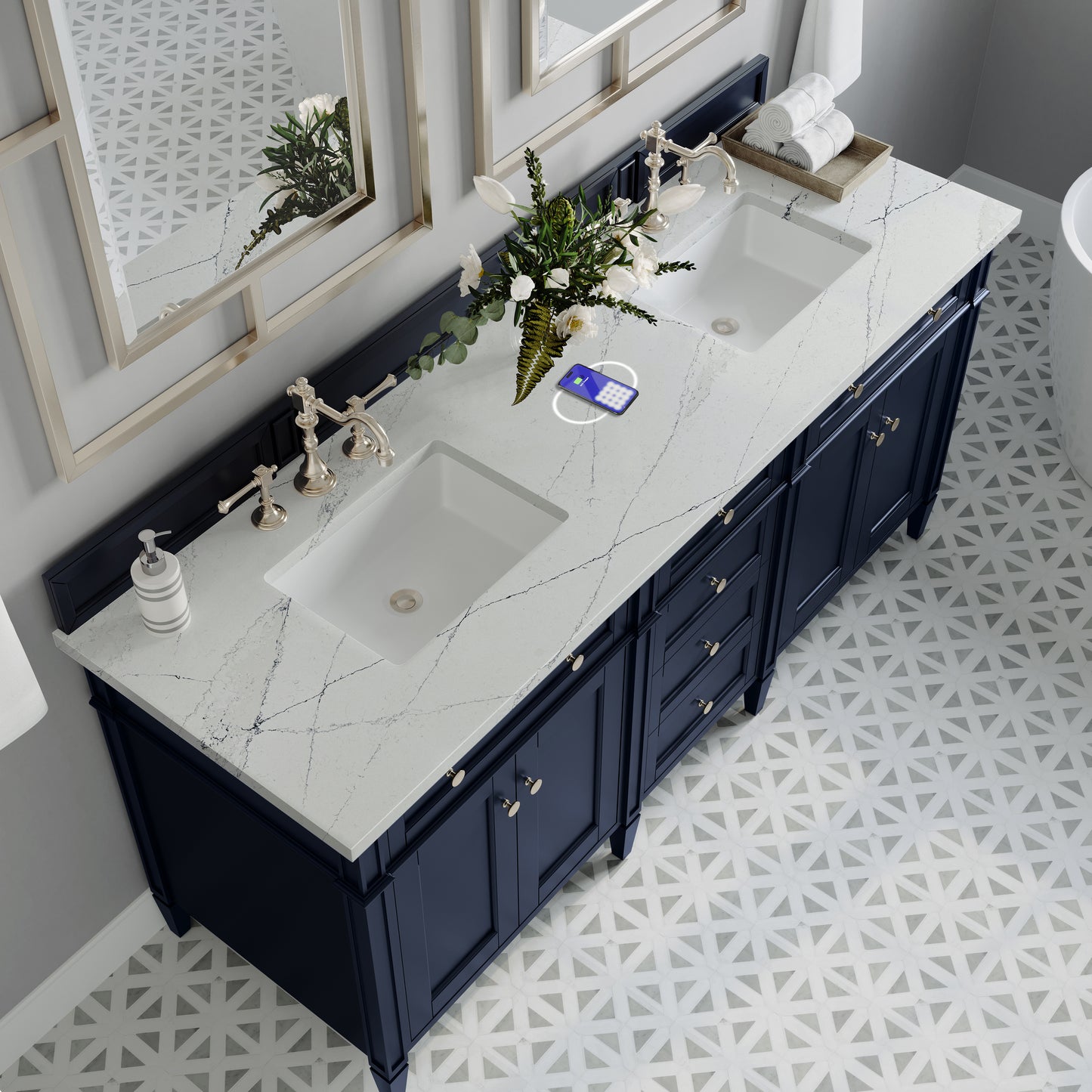 James Martin Vanities Brittany 72" Victory Blue Double Vanity With 3 cm Ethereal Noctis Silestone Top and FreePower Wireless Charger