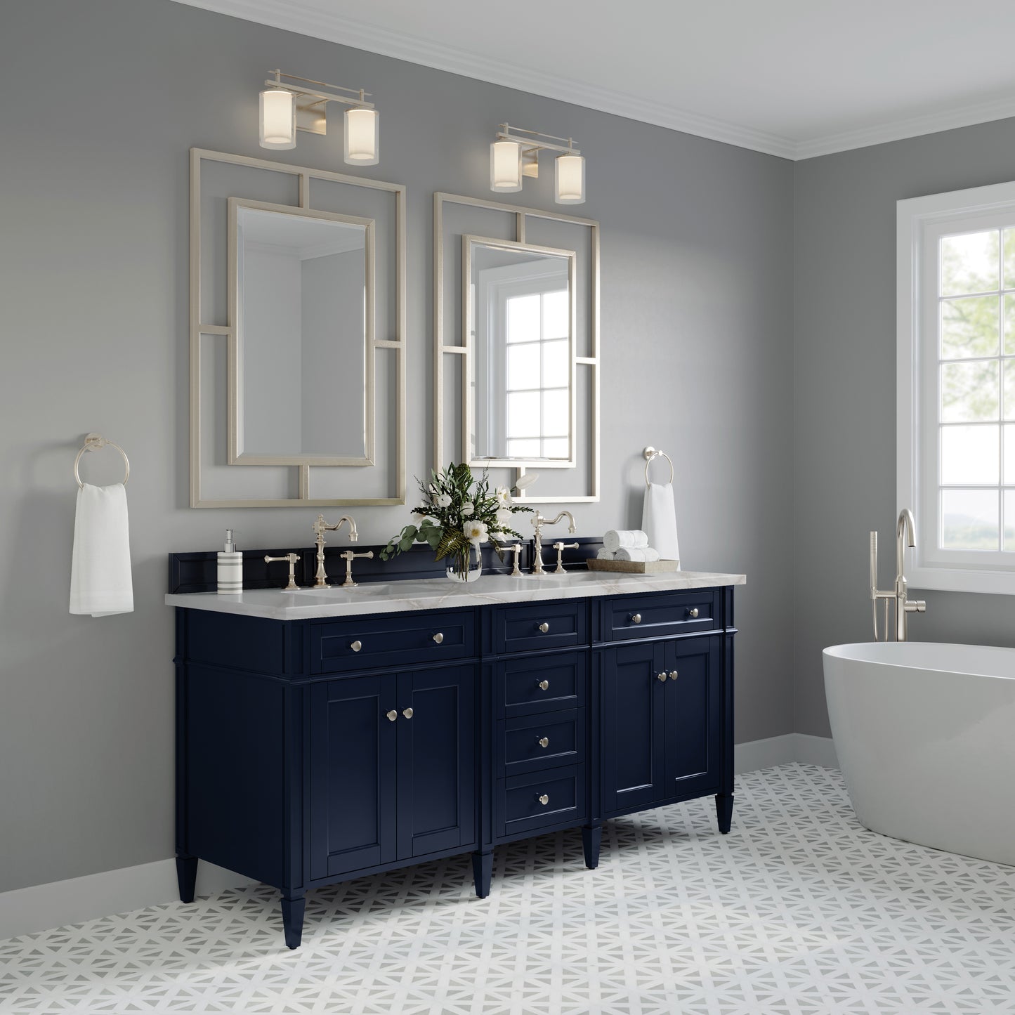 James Martin Vanities Brittany 72" Victory Blue Double Vanity With 3 cm Victorian Silver Silestone Top and FreePower Wireless Charger
