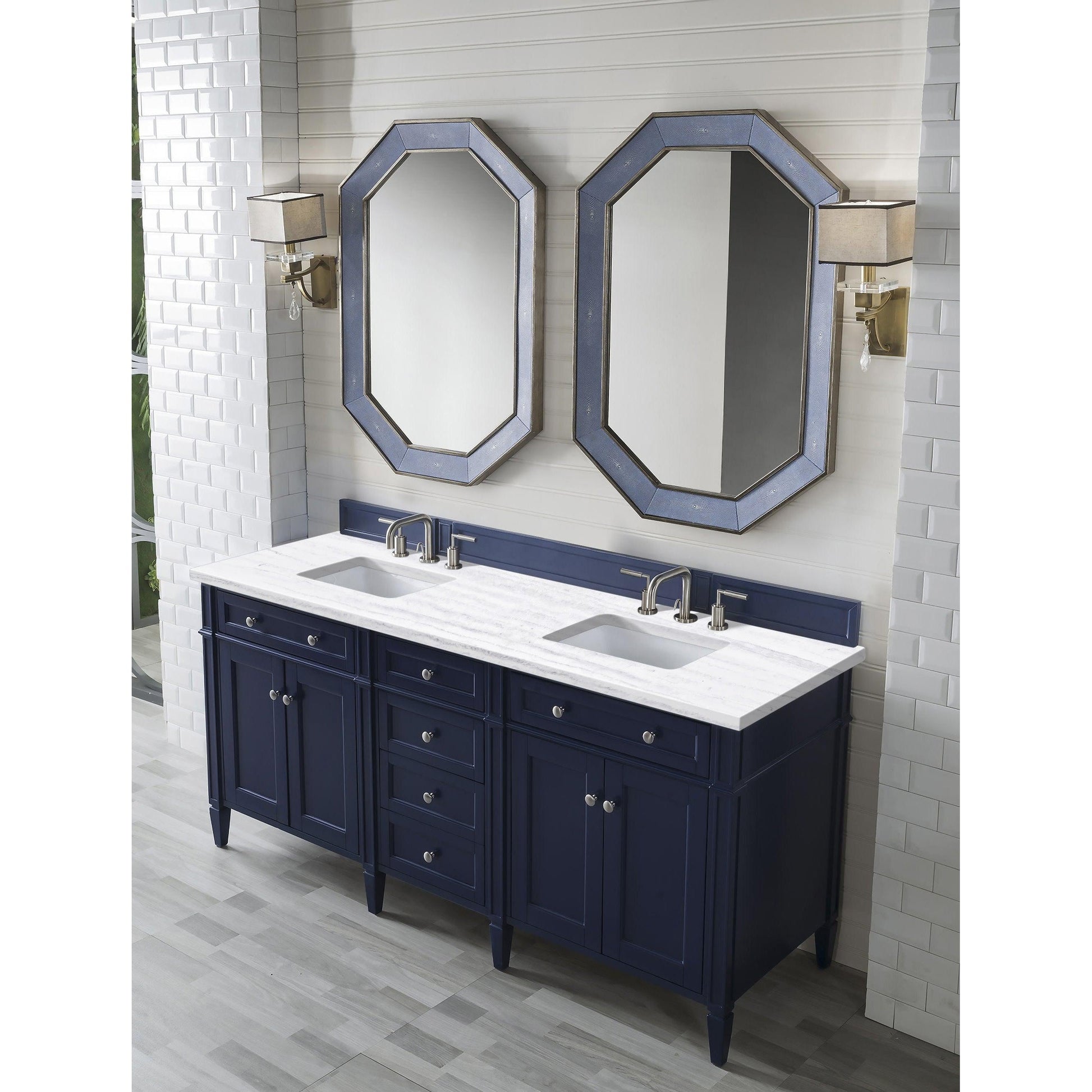 James Martin Vanities Brittany 72" Victory Blue Double Vanity With 3cm Arctic Fall Solid Surface Top